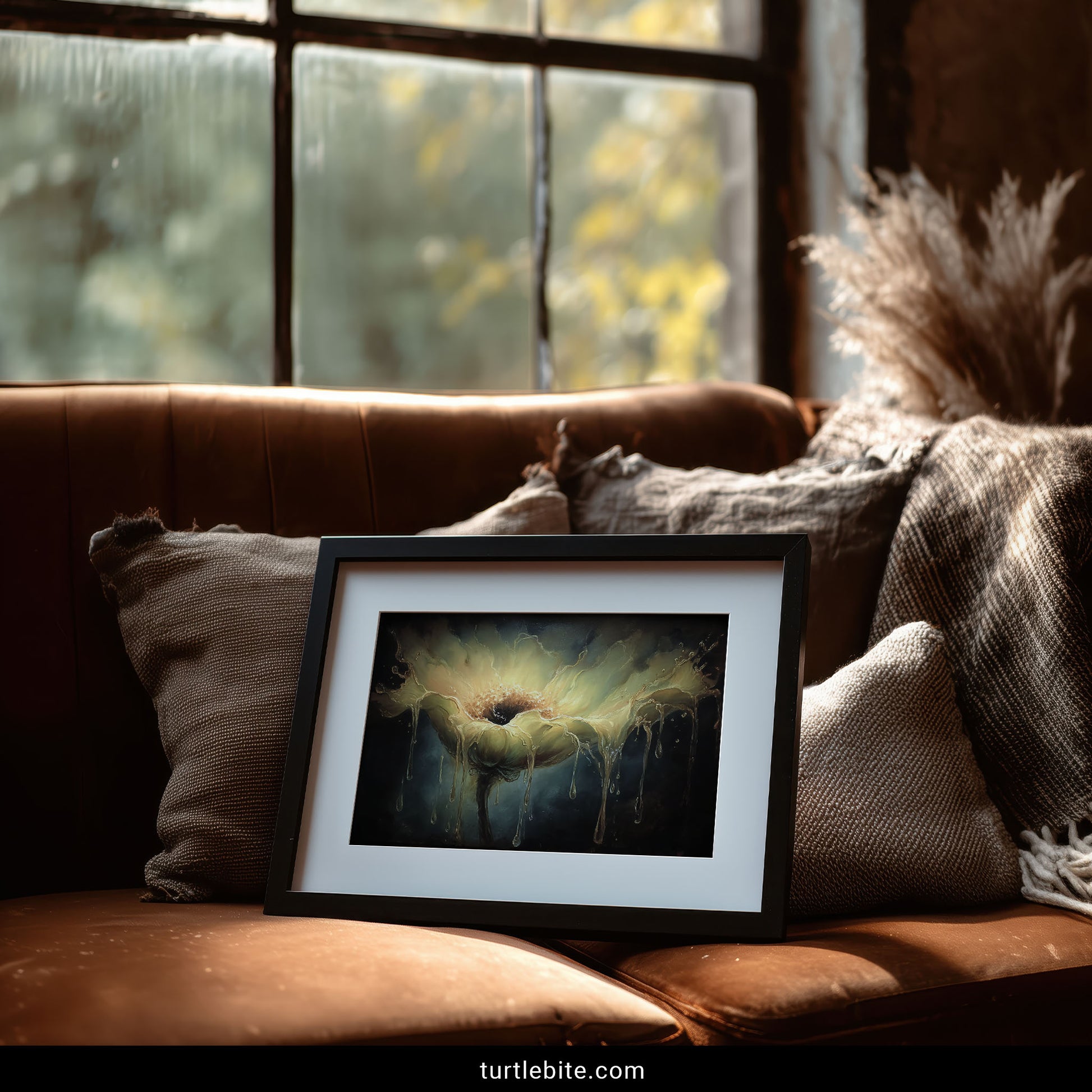 Dark botanical poster featuring liquid flower with glowing core dissolving into ethereal drips gothic wall decor