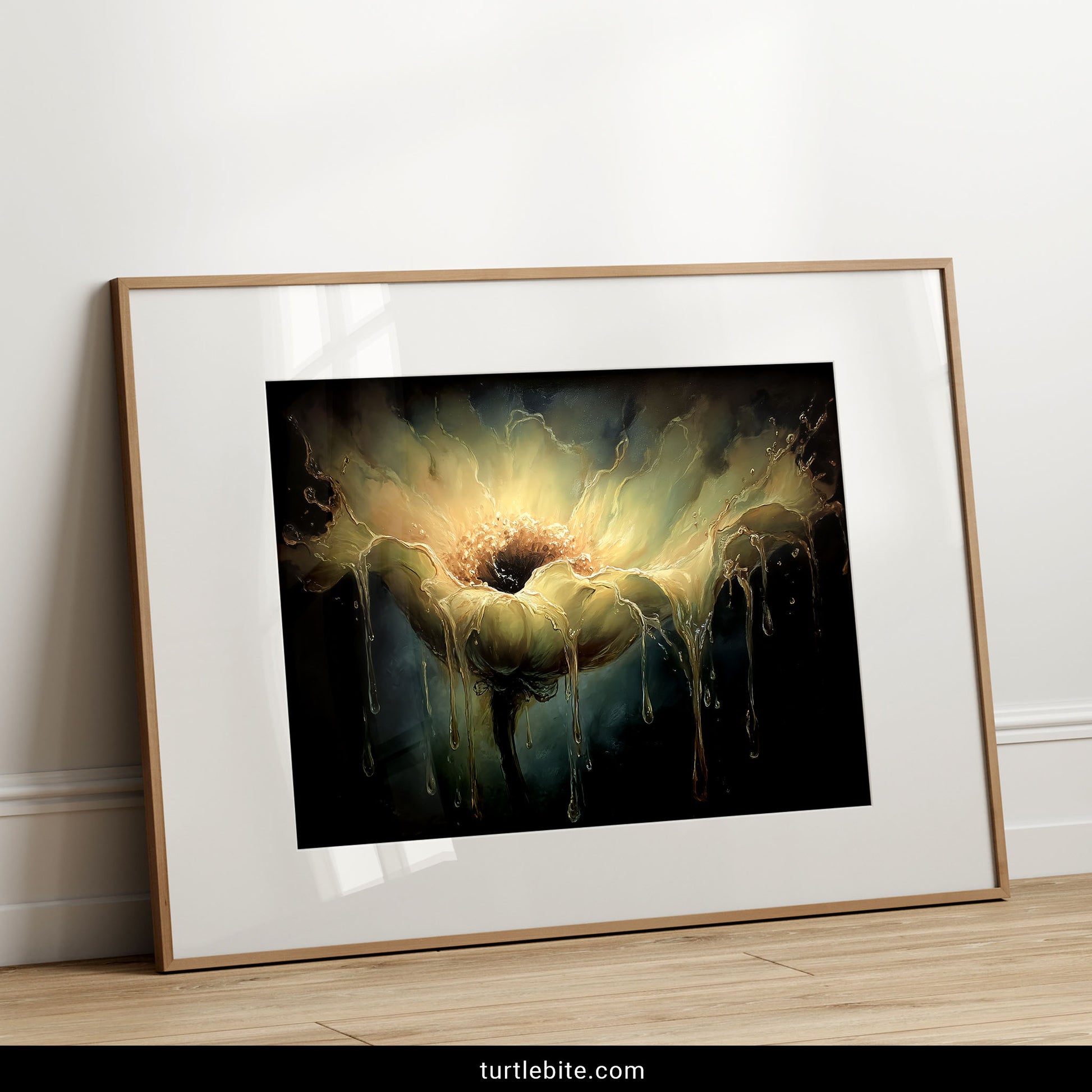 Gothic dripping flower wall art poster with luminous center and melting petals moody alternative decoration