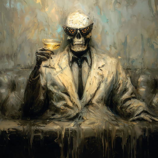 Melting skeleton in moth wing sunglasses holding wine glass surreal gothic dark art print
