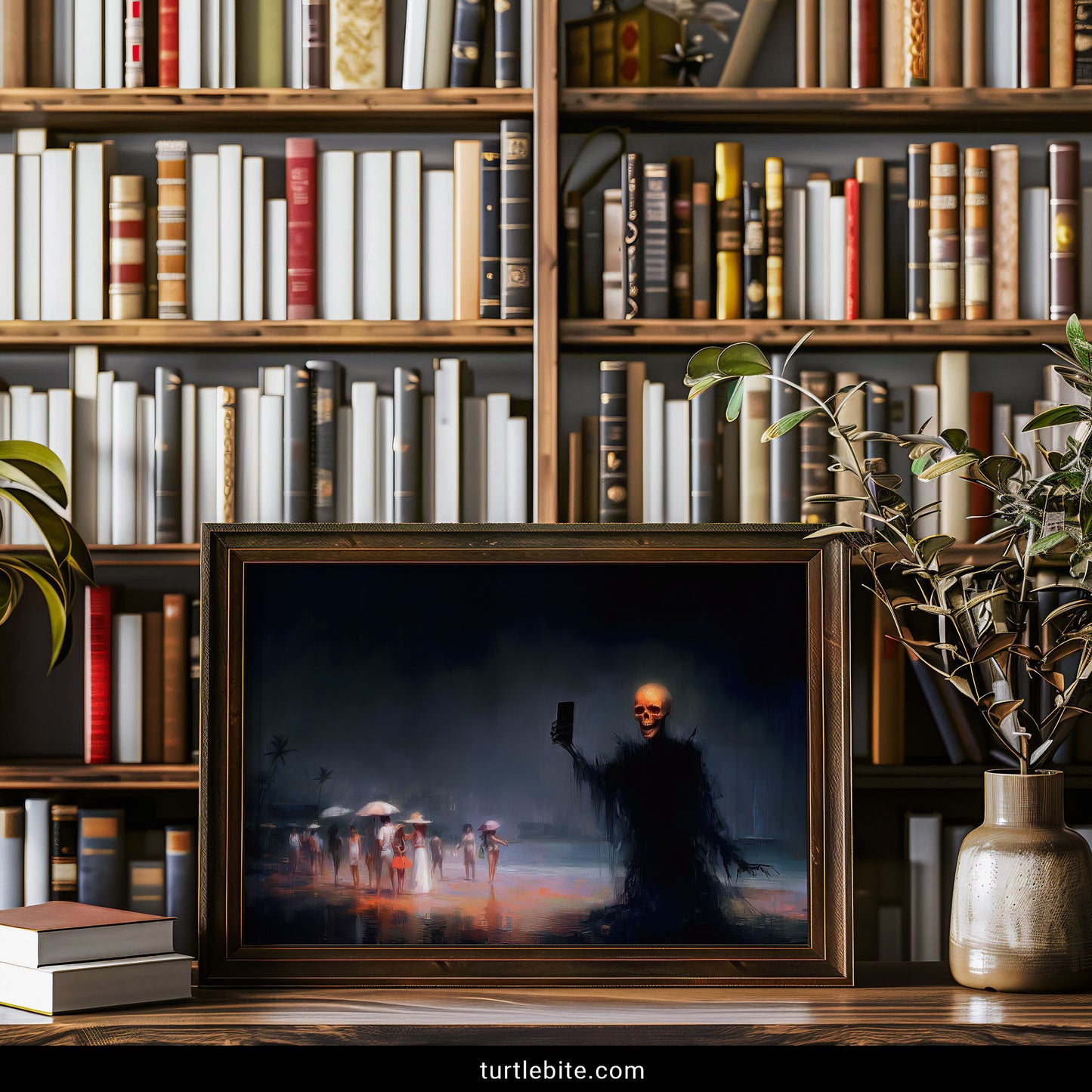 Gothic surreal poster featuring skull creature photographing itself at tropical beach scene with oblivious vacationers