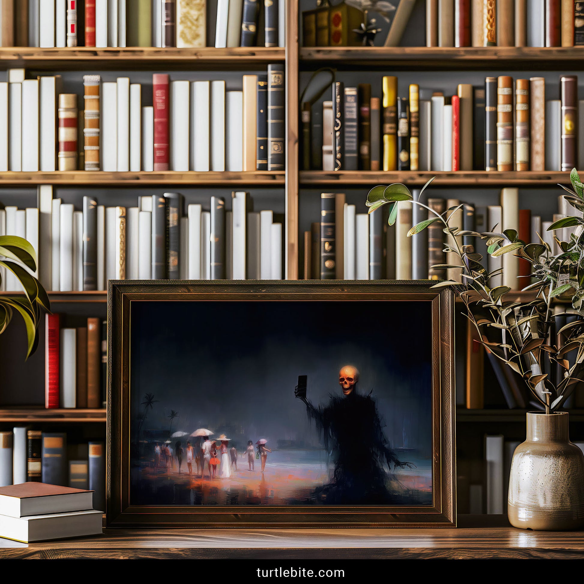 Gothic surreal poster featuring skull creature photographing itself at tropical beach scene with oblivious vacationers