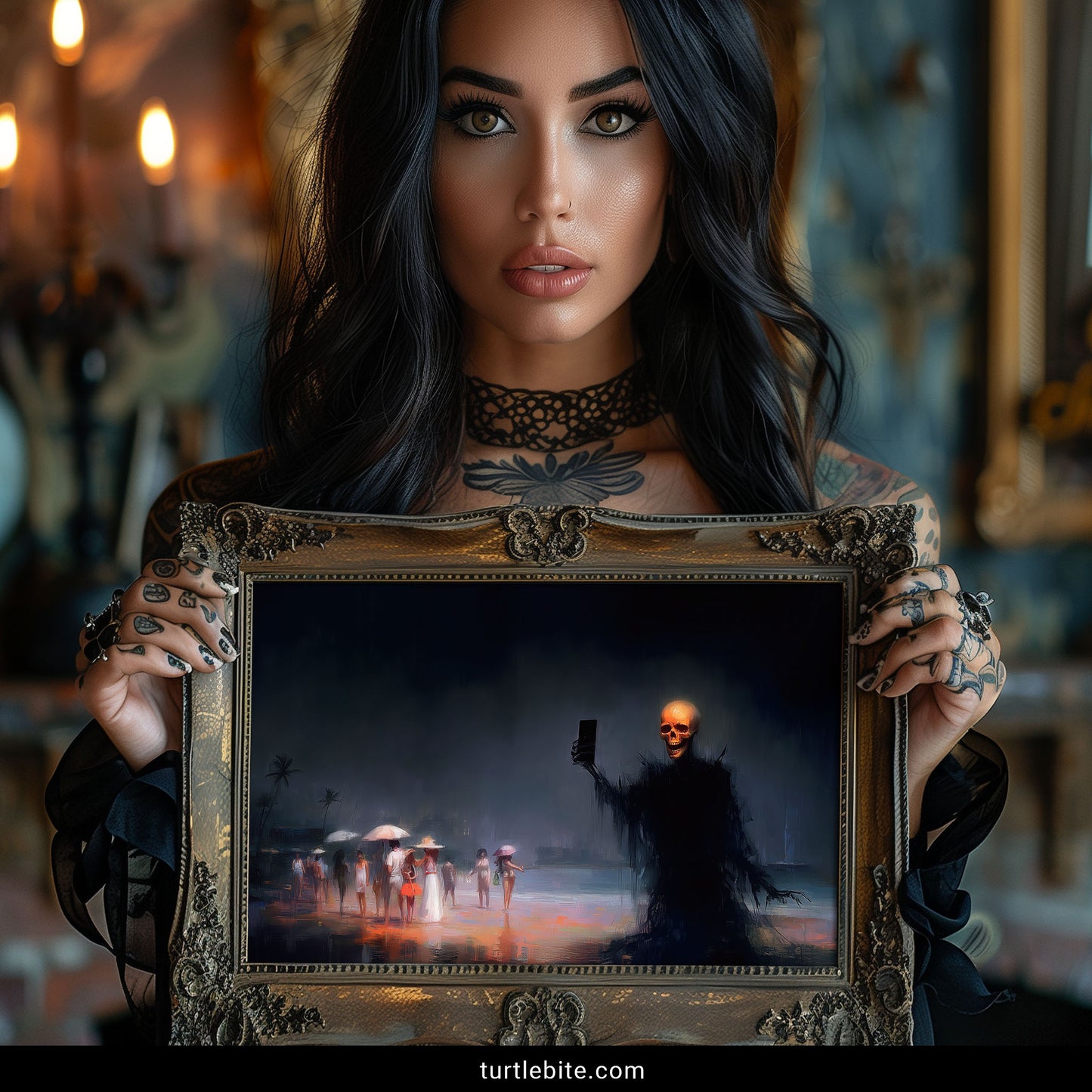 Macabre beach art print with glowing skeleton selfie and atmospheric painting style in orange and blue tones