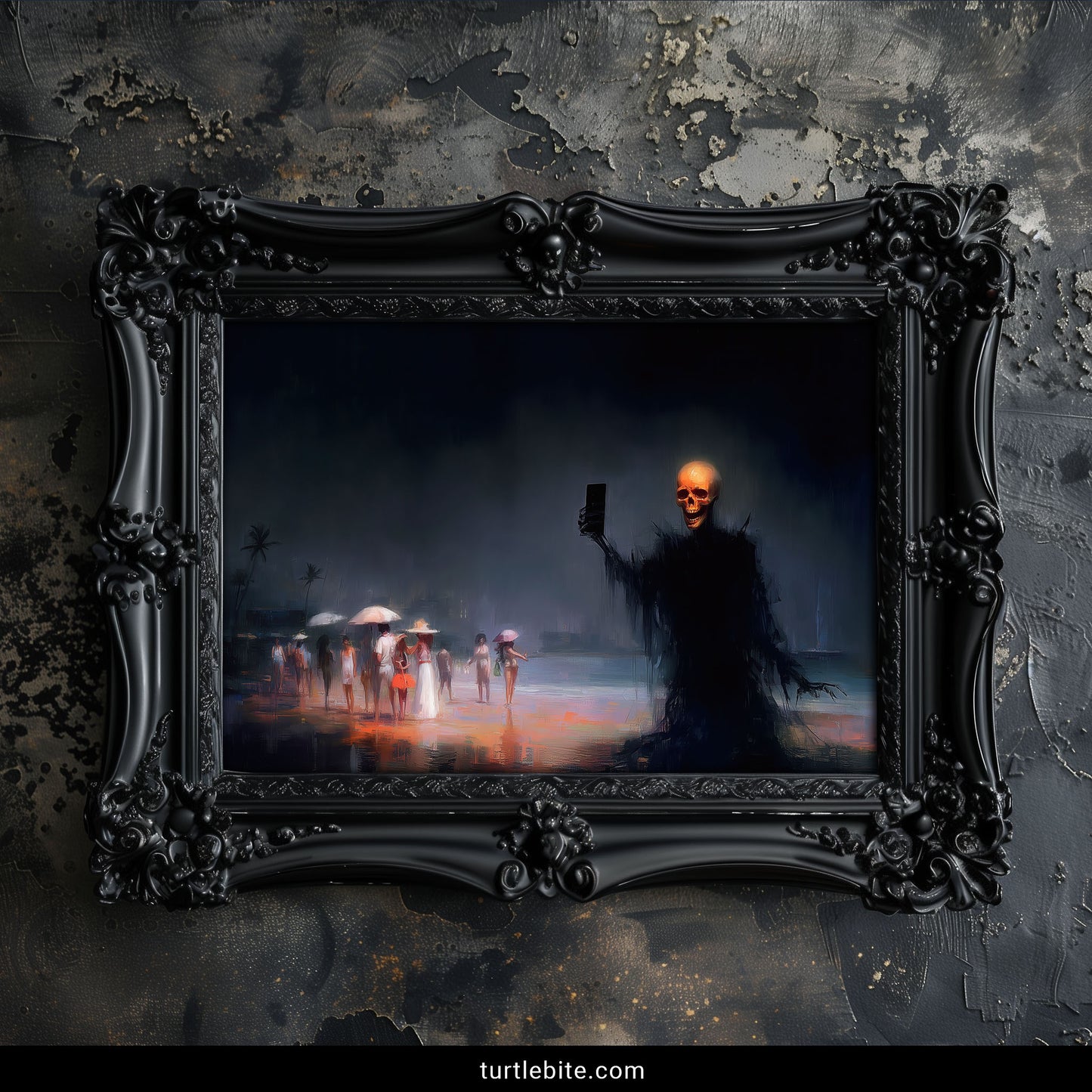 Dark comedy wall art showing death as narcissistic skeleton taking phone selfie while humans enjoy beach