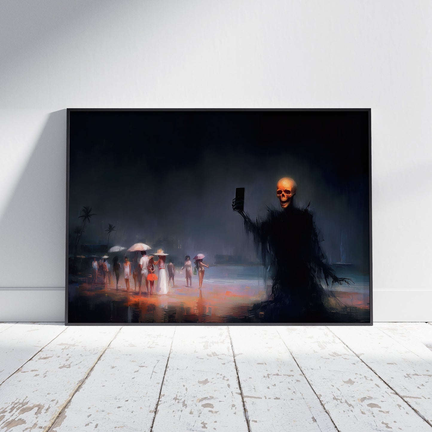 Skeleton taking selfie on beach with sunburned tourists in background, memento mori dark humor art print