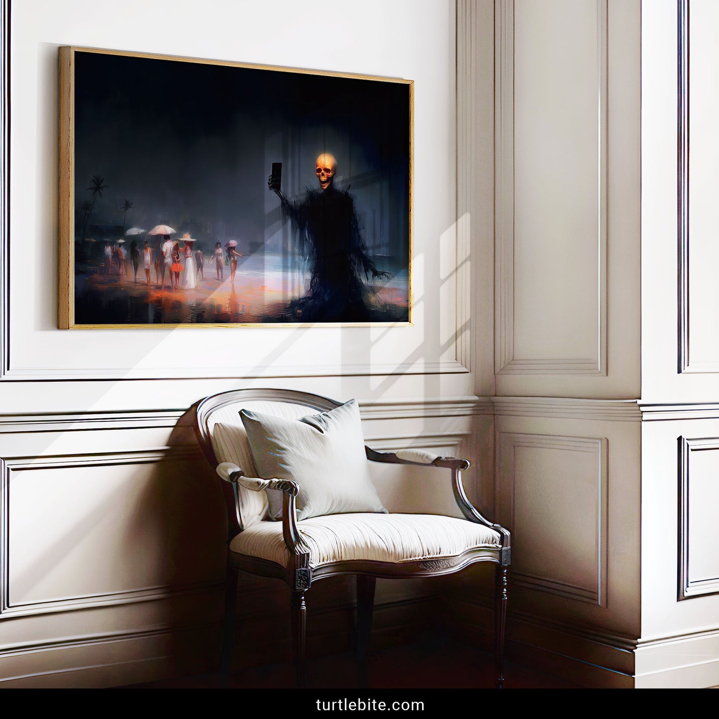 Dark comedy wall art showing death as narcissistic skeleton taking phone selfie while humans enjoy beach