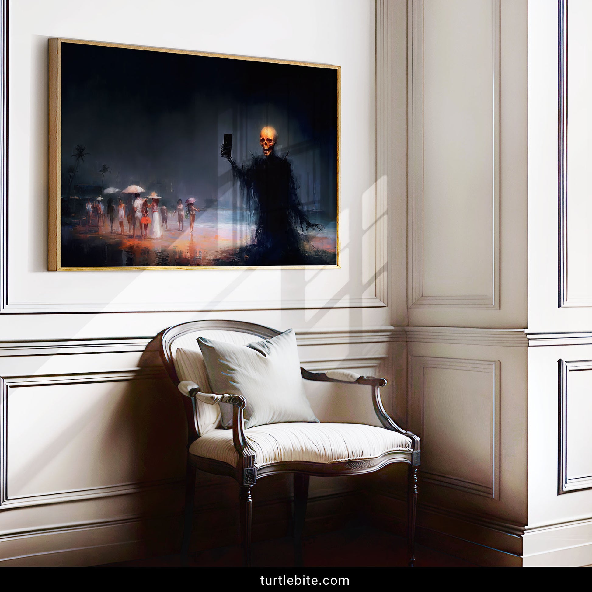 Dark comedy wall art showing death as narcissistic skeleton taking phone selfie while humans enjoy beach