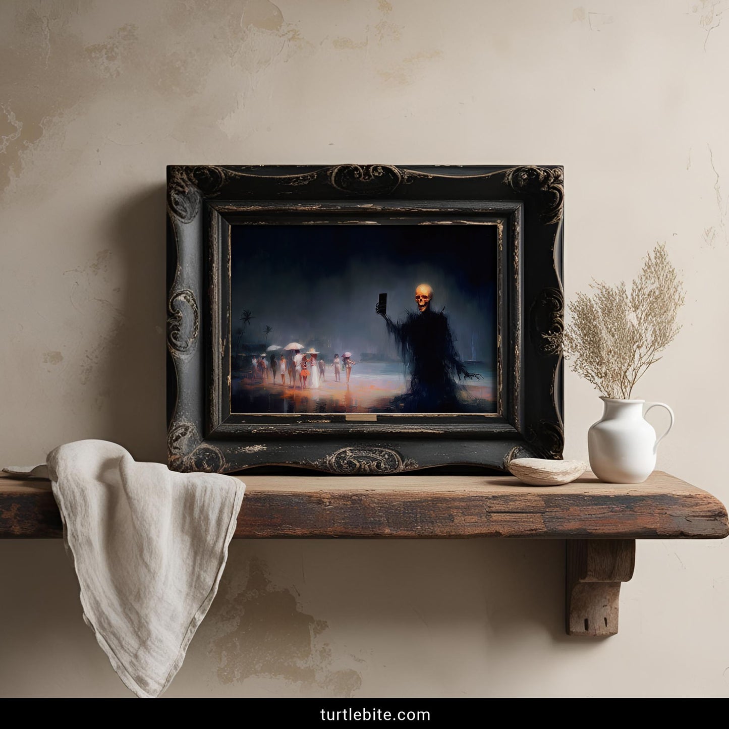 Macabre beach art print with glowing skeleton selfie and atmospheric painting style in orange and blue tones