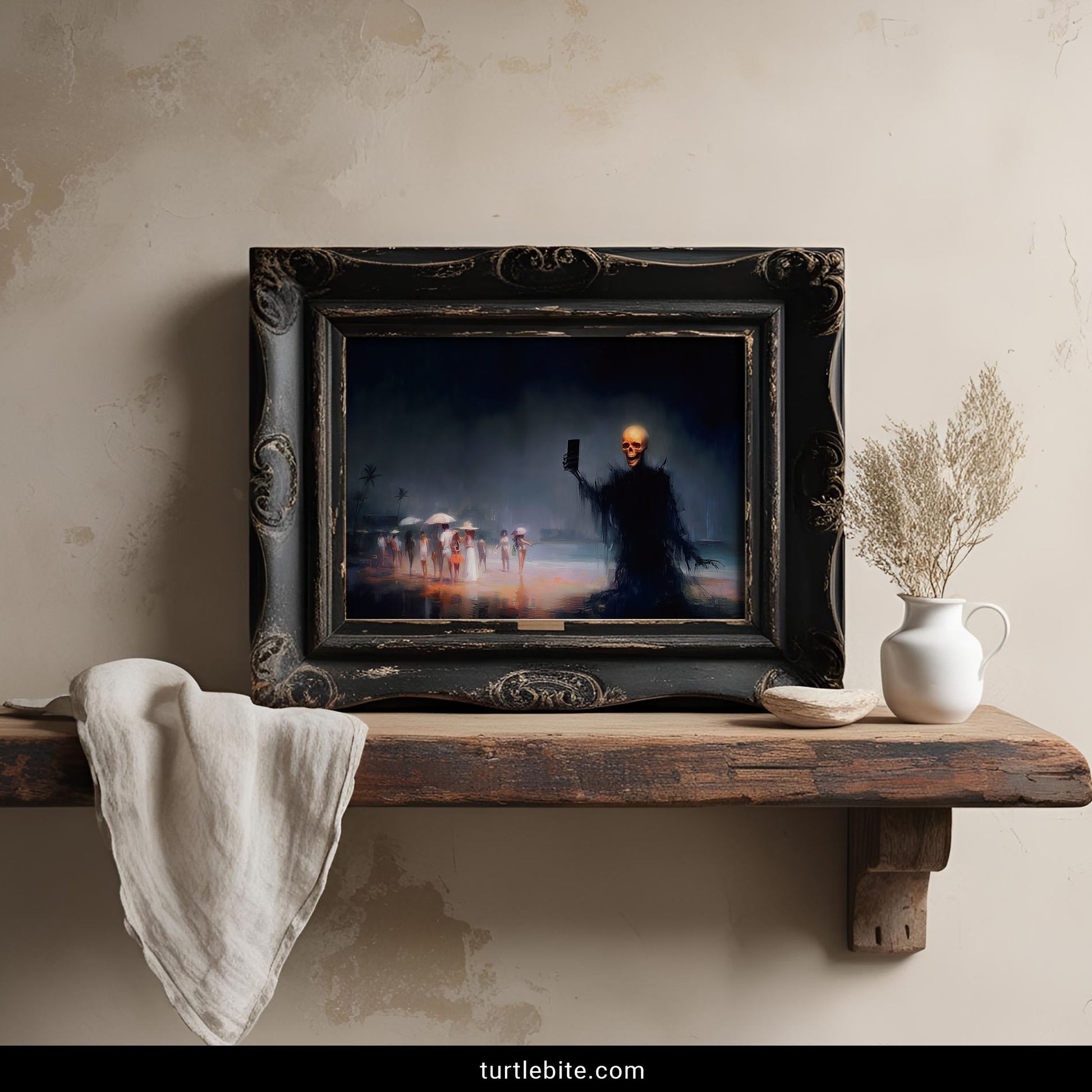 Macabre beach art print with glowing skeleton selfie and atmospheric painting style in orange and blue tones