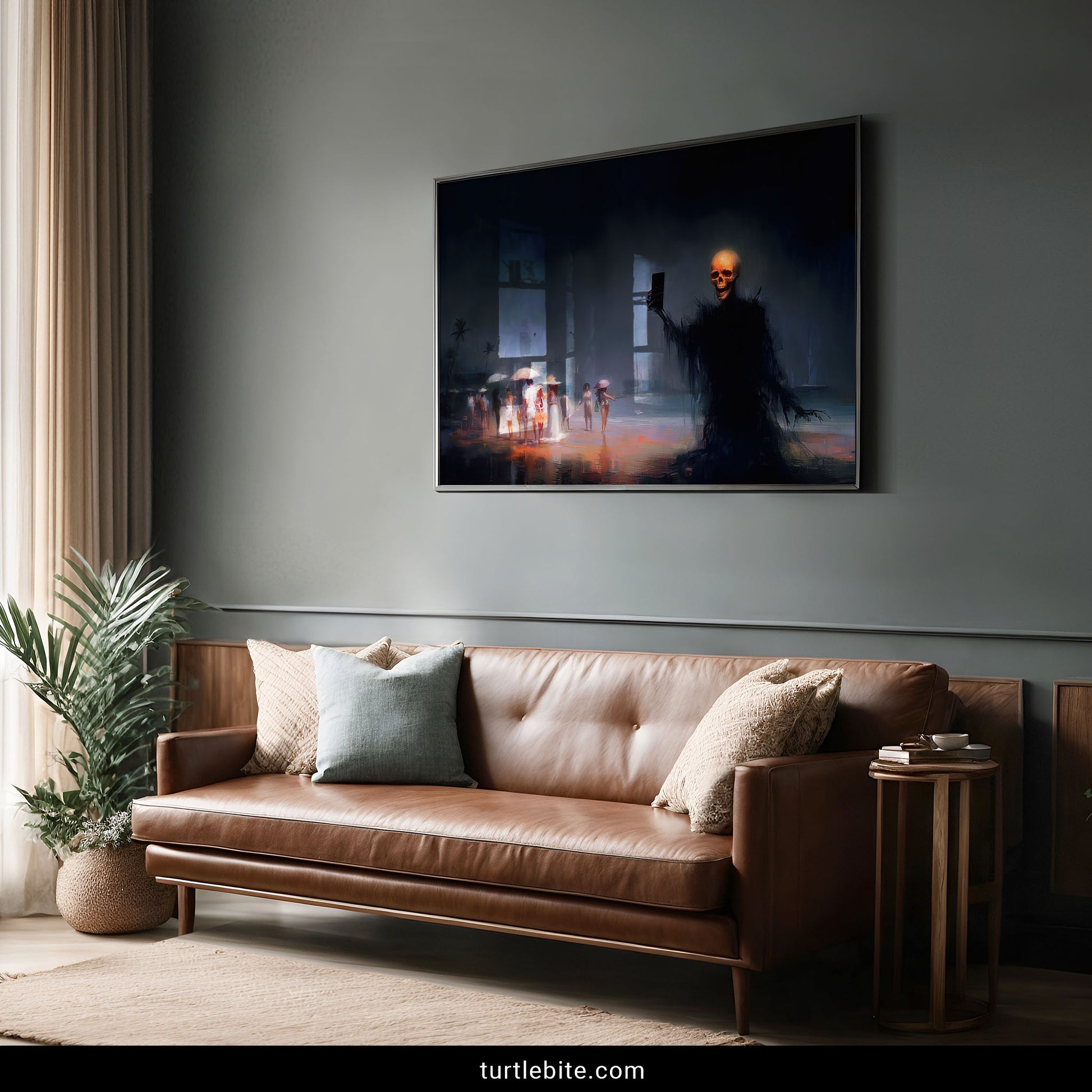 Ironic memento mori poster of skeletal figure with smartphone at misty beach with palm trees and tourists
