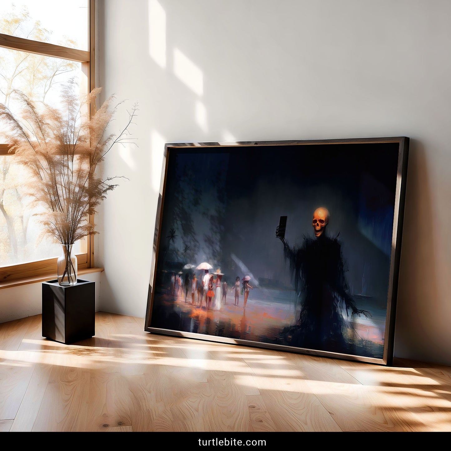 Ironic memento mori poster of skeletal figure with smartphone at misty beach with palm trees and tourists