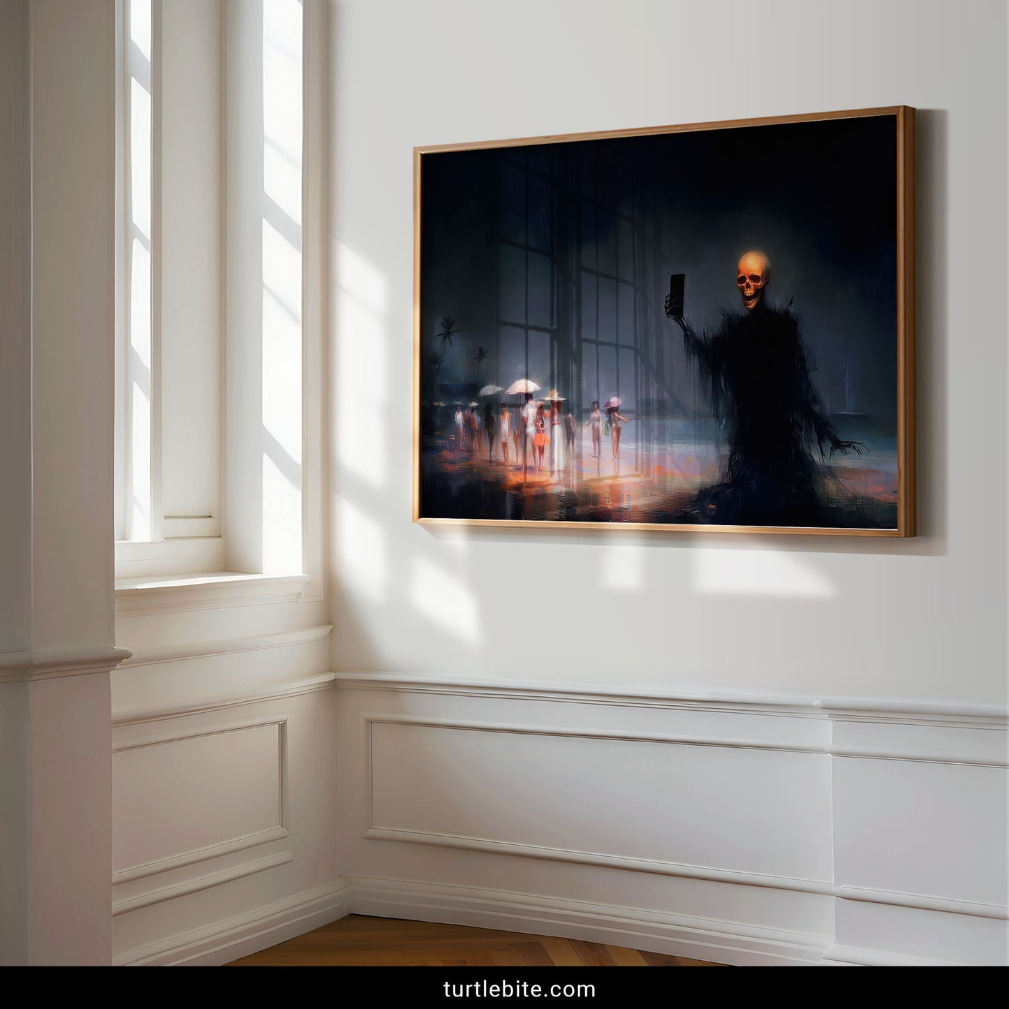 Gothic surreal poster featuring skull creature photographing itself at tropical beach scene with oblivious vacationers