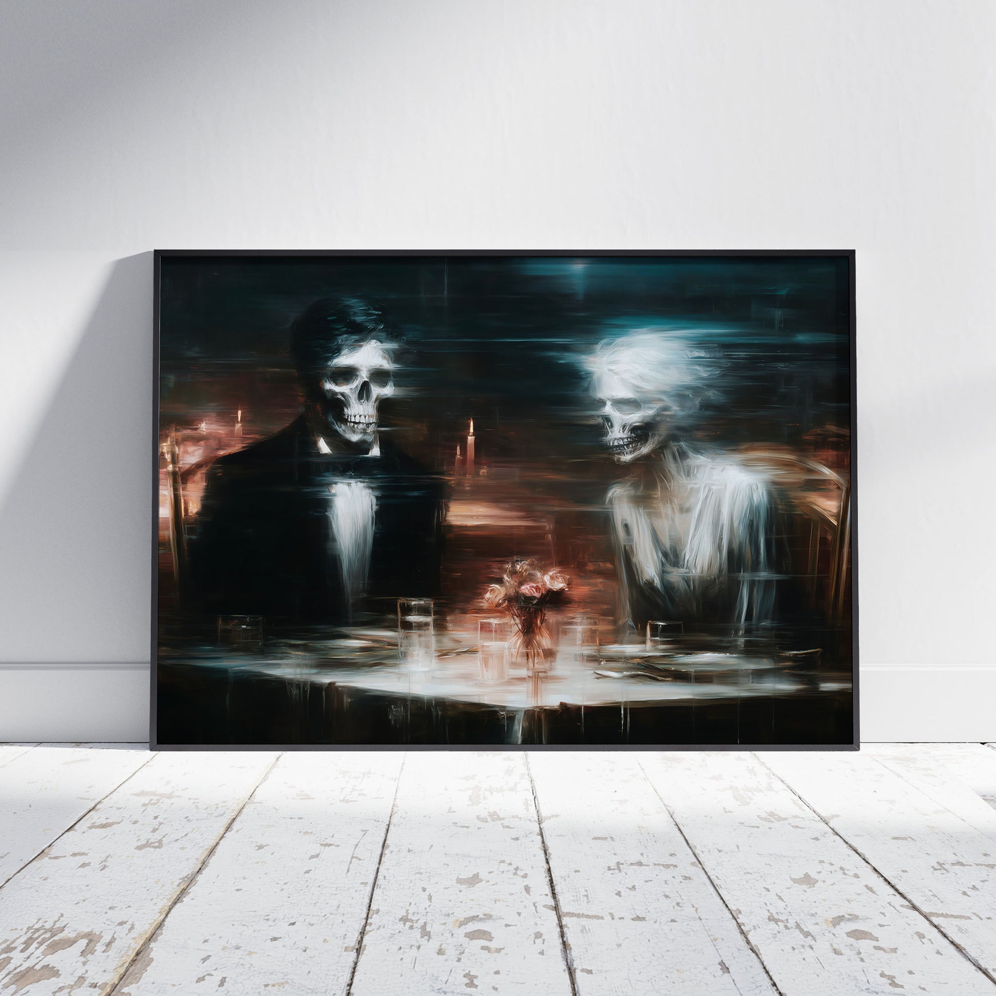 Gothic memento mori art showing skeleton couple at candlelit dinner table with motion blur effect