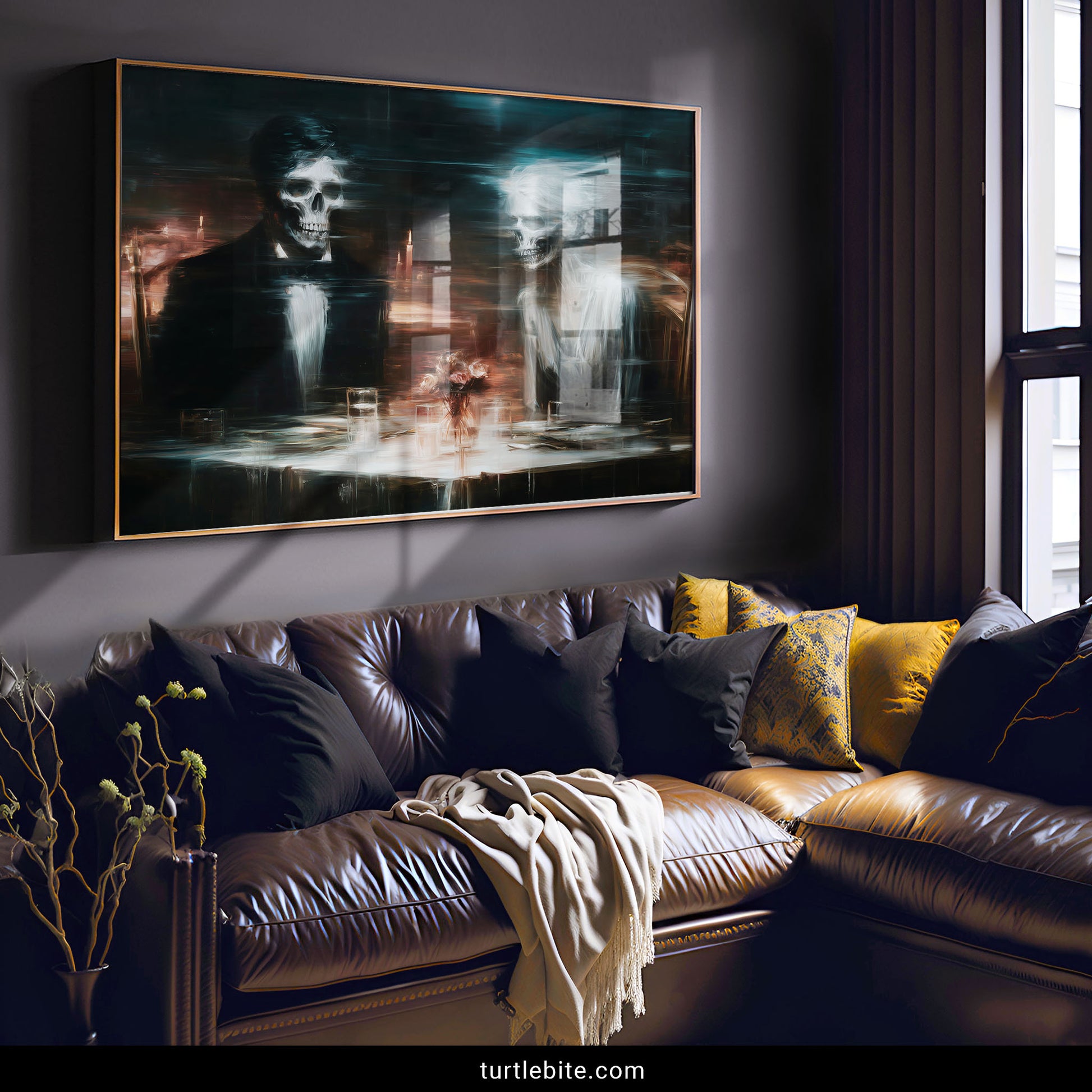 Surreal Victorian death art print with skeletal figures at elegant dinner party