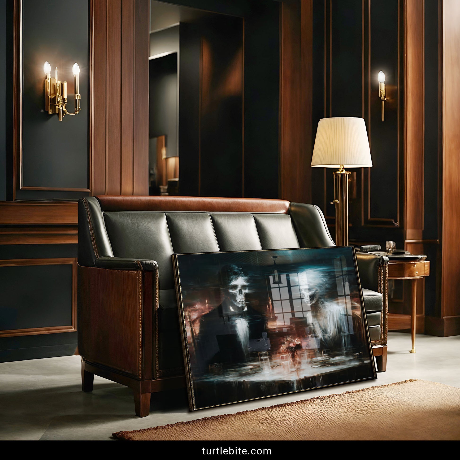 Macabre baroque style poster of skeleton lovers sharing formal meal in moody teal tones