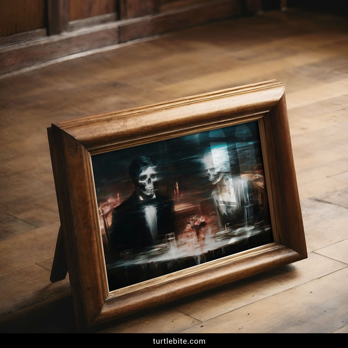 Dark romance wall art featuring two skulls in formal attire dining with roses and candles