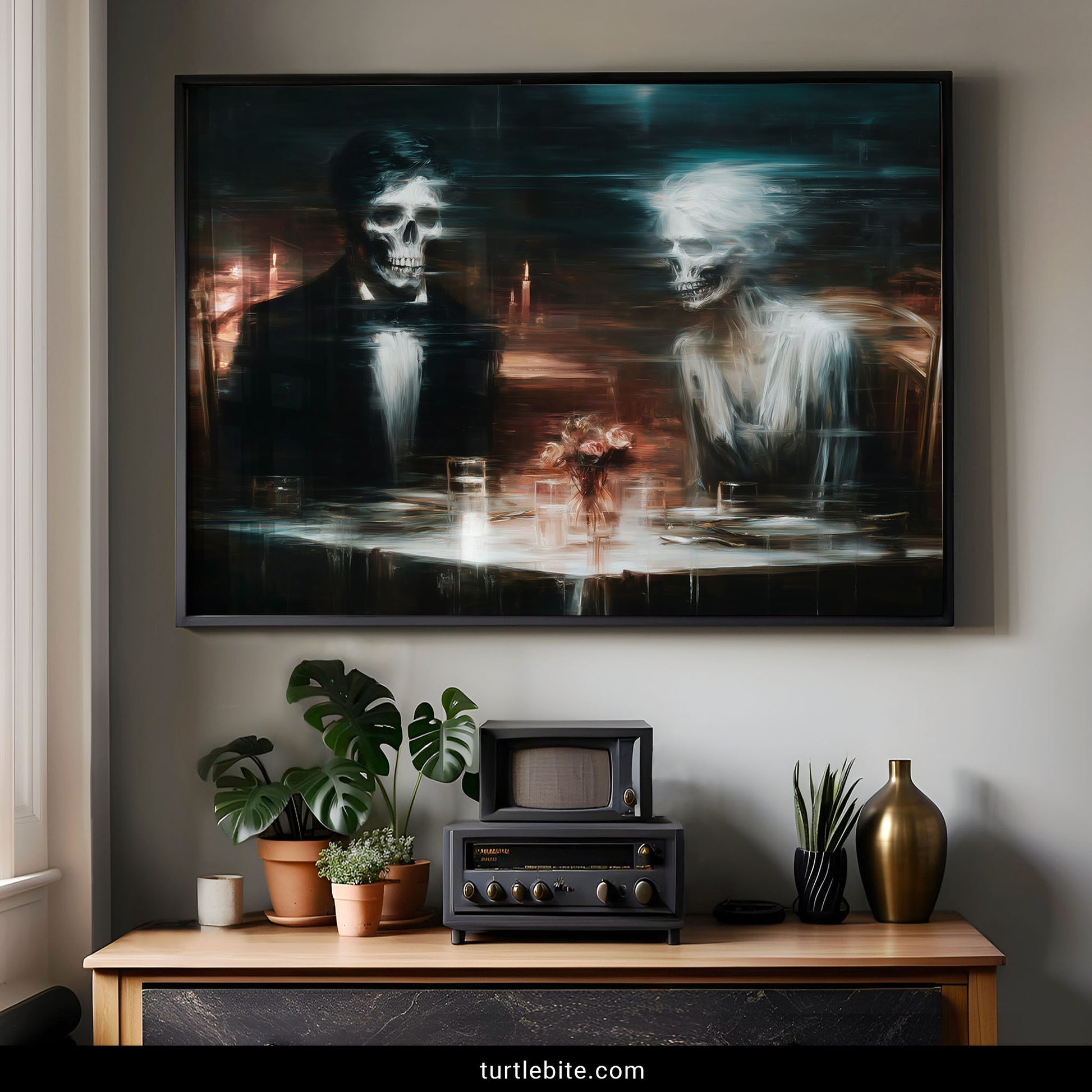 Macabre baroque style poster of skeleton lovers sharing formal meal in moody teal tones