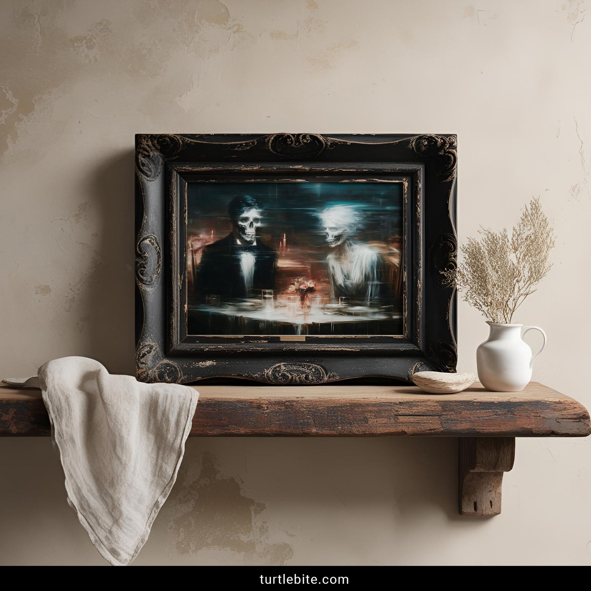 Mortality themed gothic home decor showing ethereal skull couple at romantic candlelit table