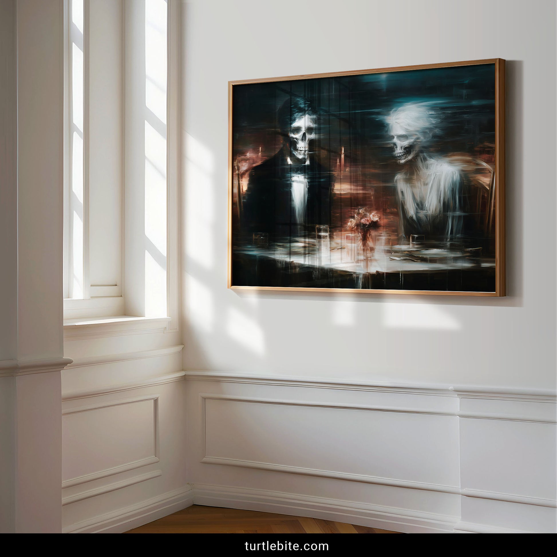 Dark romance wall art featuring two skulls in formal attire dining with roses and candles
