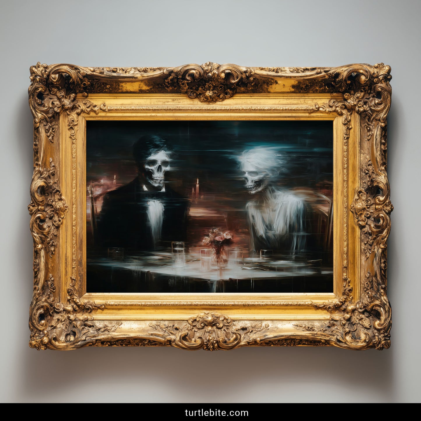 Mortality themed gothic home decor showing ethereal skull couple at romantic candlelit table