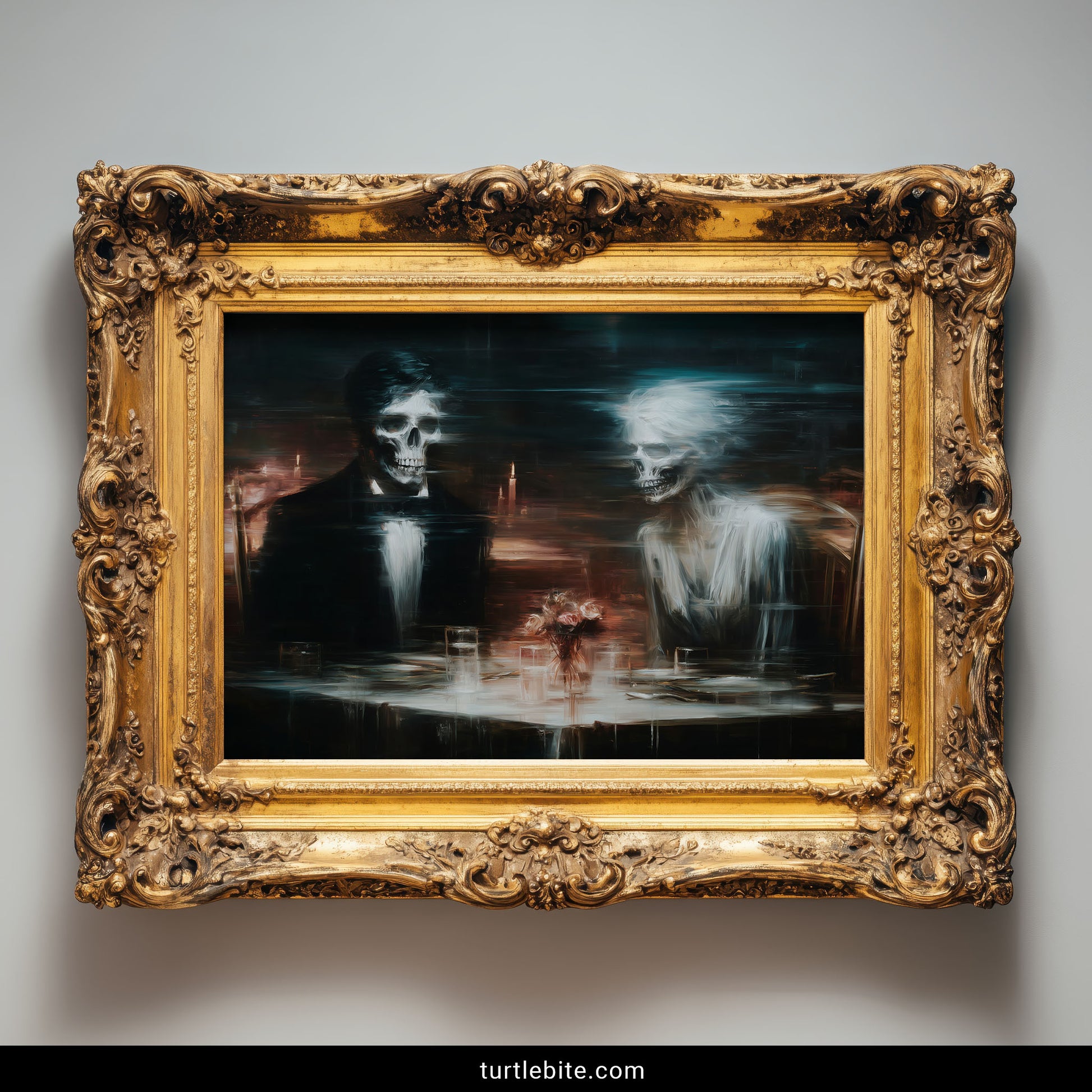 Mortality themed gothic home decor showing ethereal skull couple at romantic candlelit table