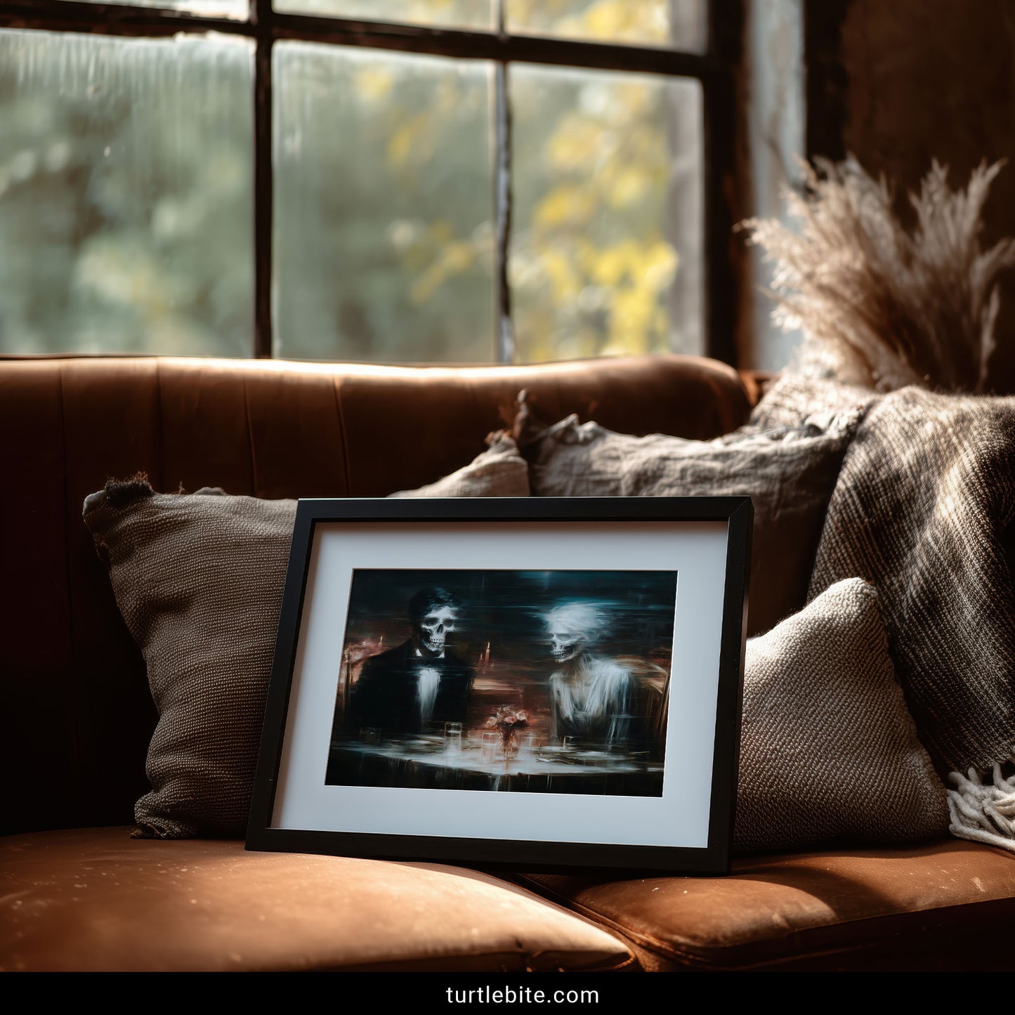 Surreal Victorian death art print with skeletal figures at elegant dinner party