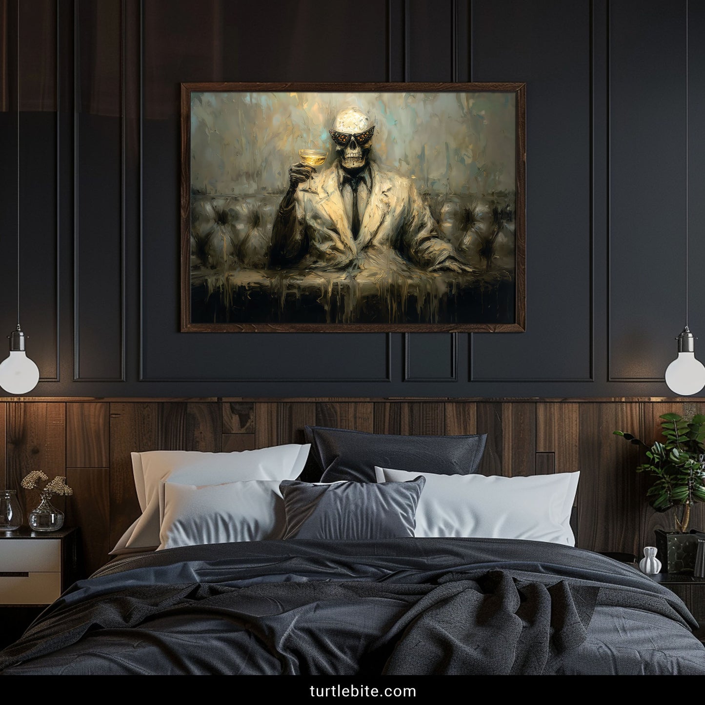 Memento mori skull figure dissolving with champagne moody macabre wall decor poster