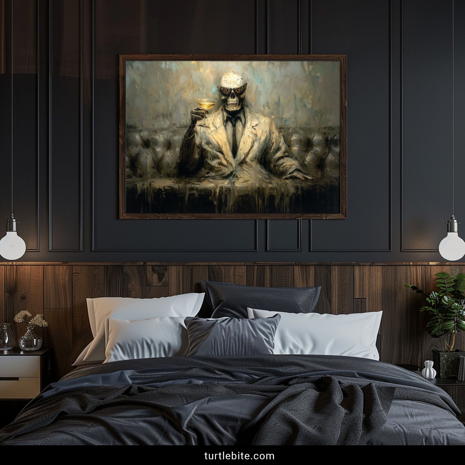 Memento mori skull figure dissolving with champagne moody macabre wall decor poster