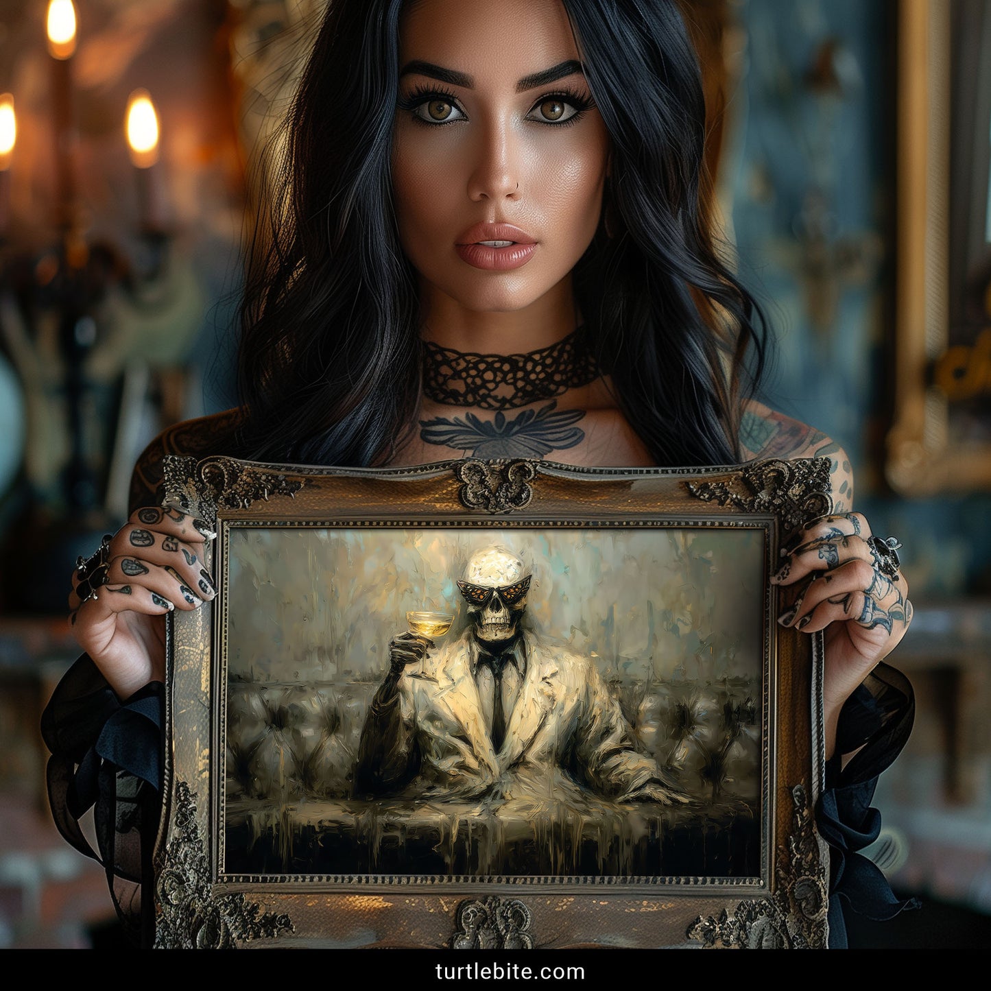 Macabre melting figure wine glass memento mori surreal dark art wall print