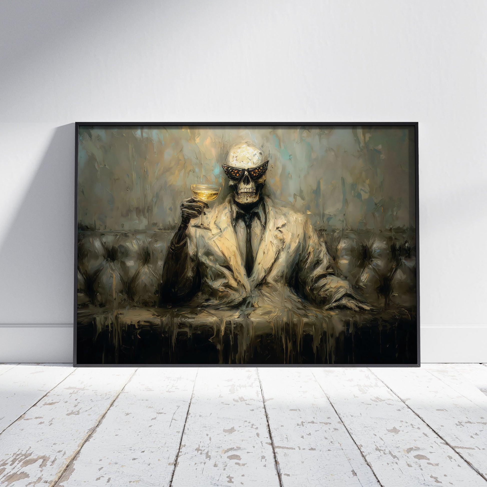 Melting skeleton in moth wing sunglasses holding wine glass surreal gothic dark art print