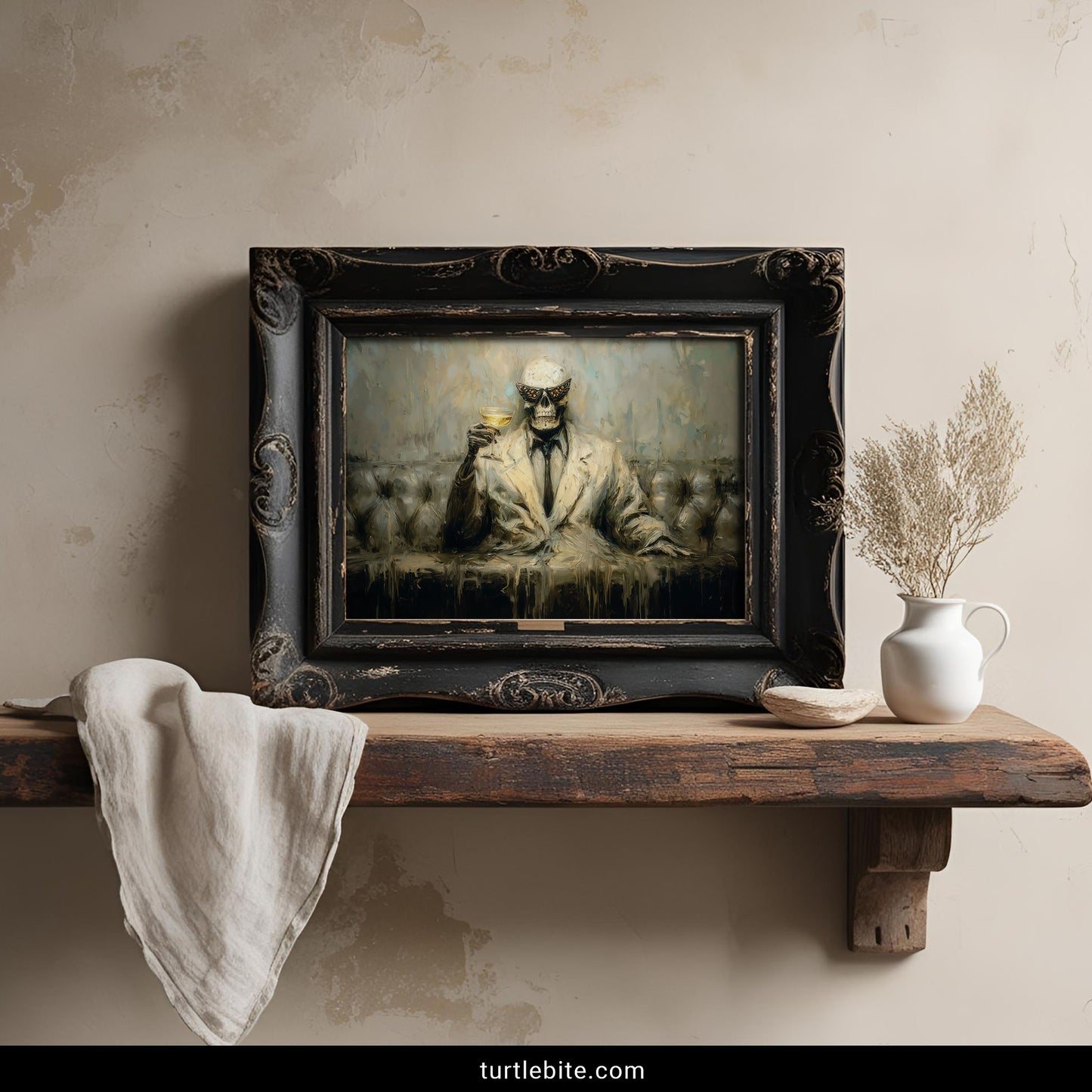 Surreal death art skeleton melting holding wine bizarre gothic home decor print