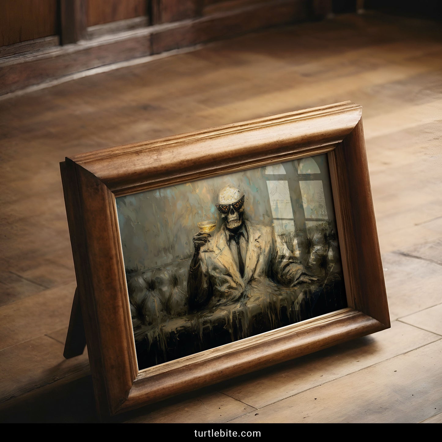 Memento mori skull figure dissolving with champagne moody macabre wall decor poster