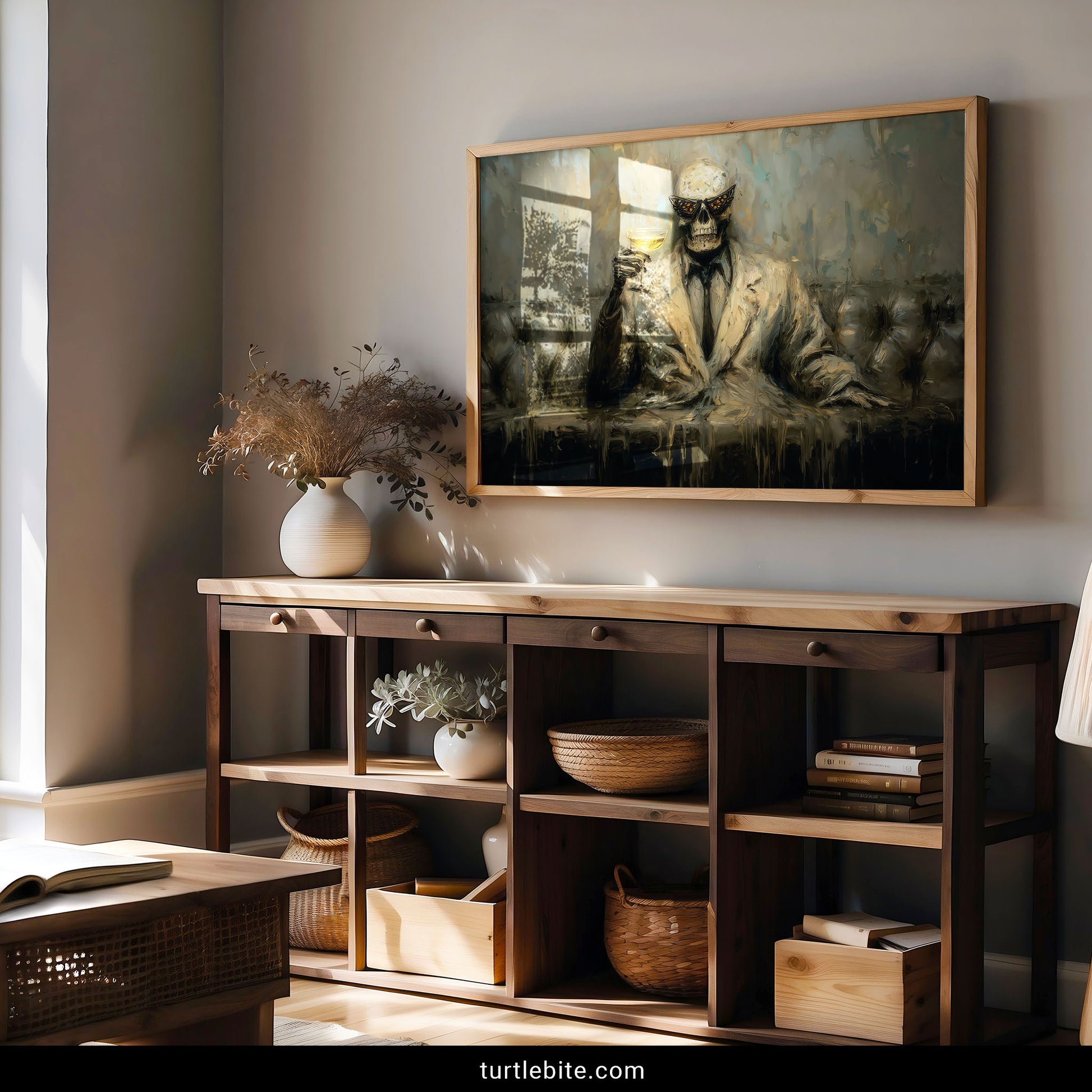 Surreal death art skeleton melting holding wine bizarre gothic home decor print