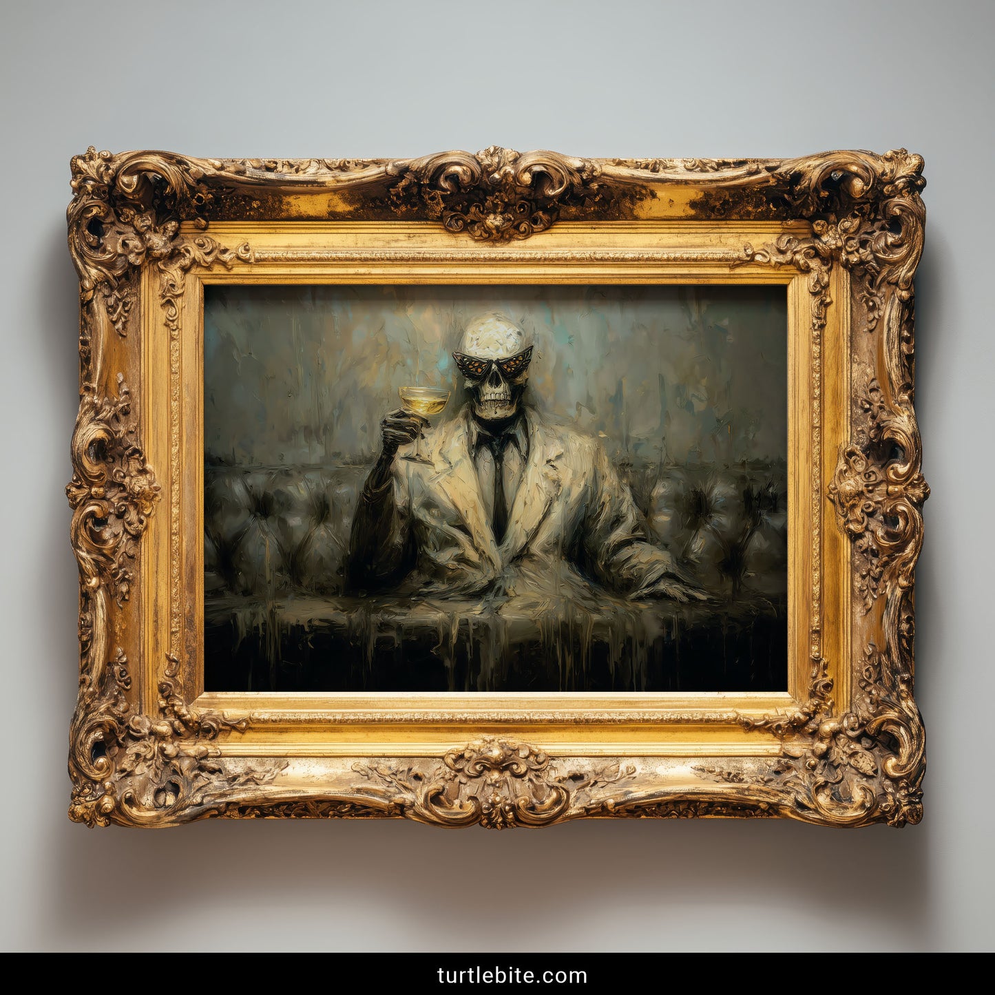 Dark humor skeleton art with dripping paint textures moth wings gothic poster