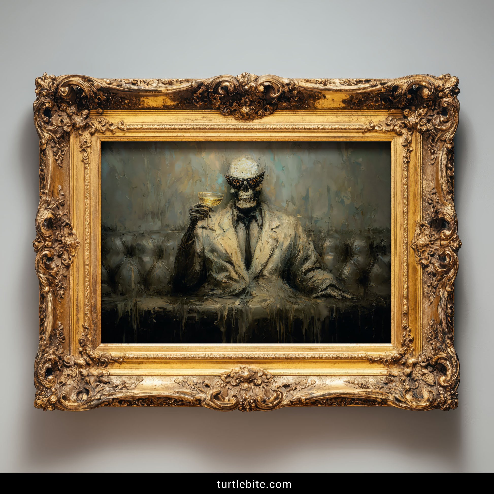 Dark humor skeleton art with dripping paint textures moth wings gothic poster