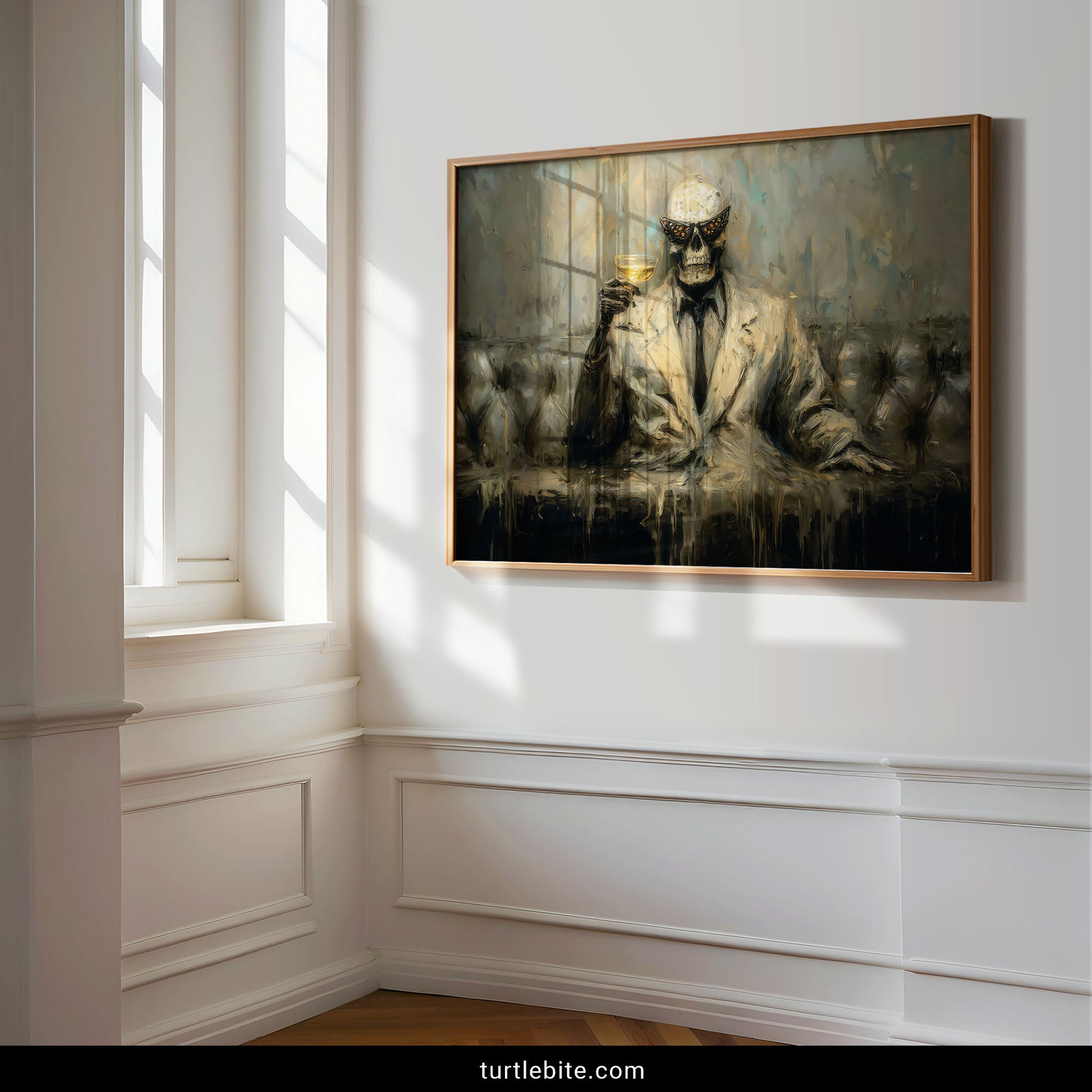 Dark humor skeleton art with dripping paint textures moth wings gothic poster