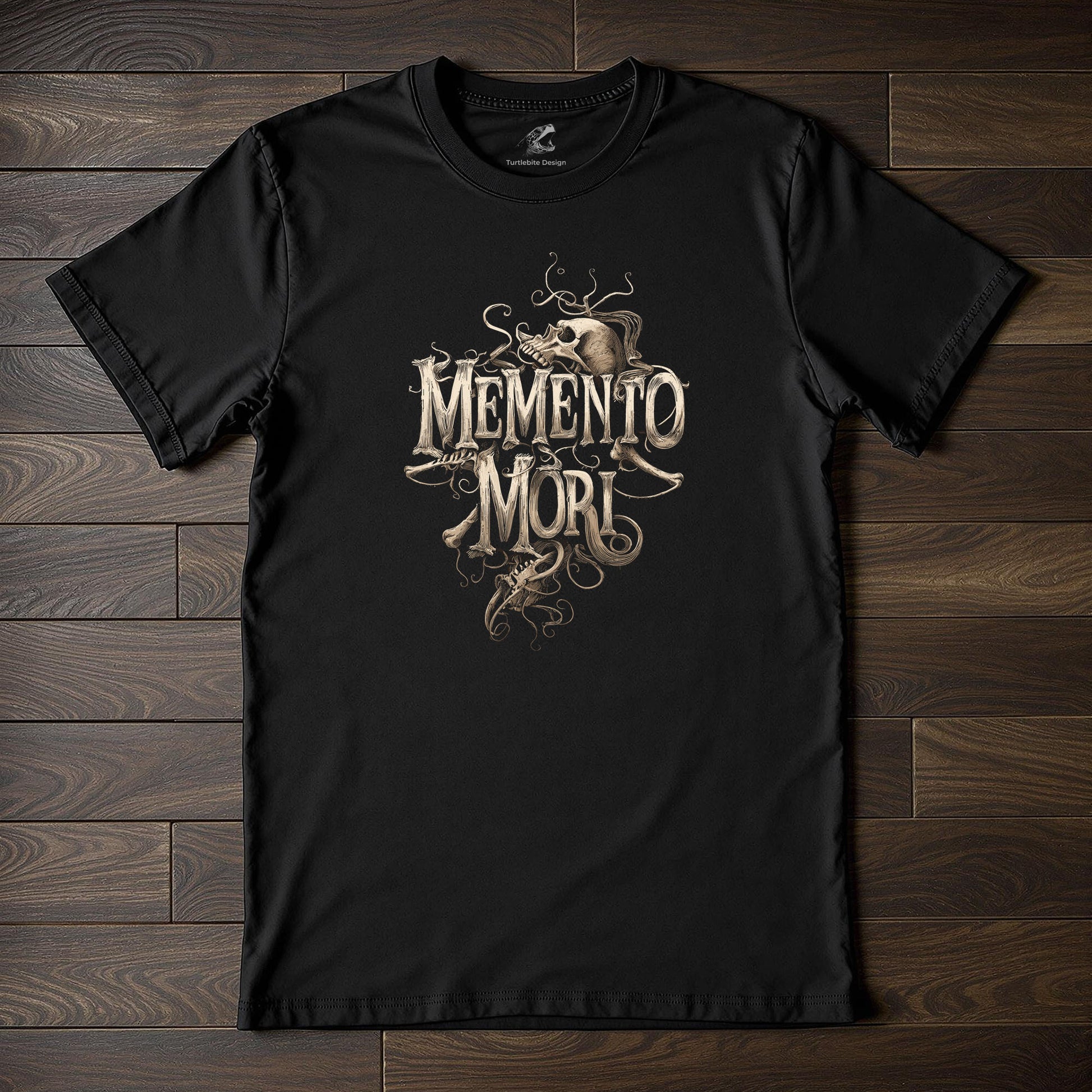 Memento mori skull t-shirt with ornate gothic design on black fabric