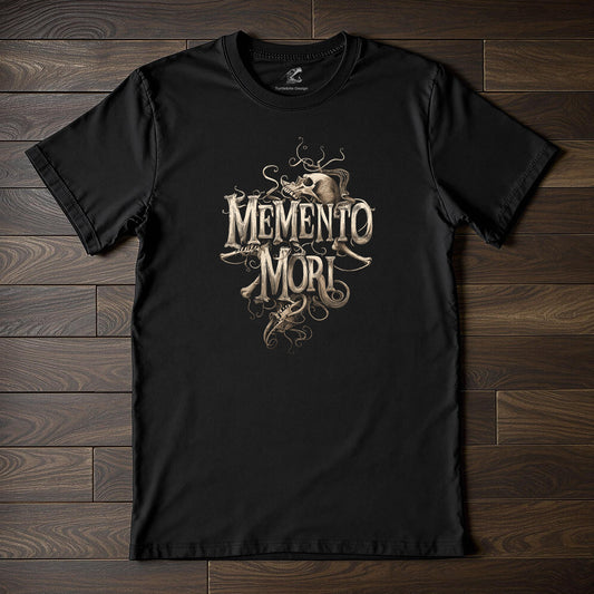 Memento mori skull t-shirt with ornate gothic design on black fabric