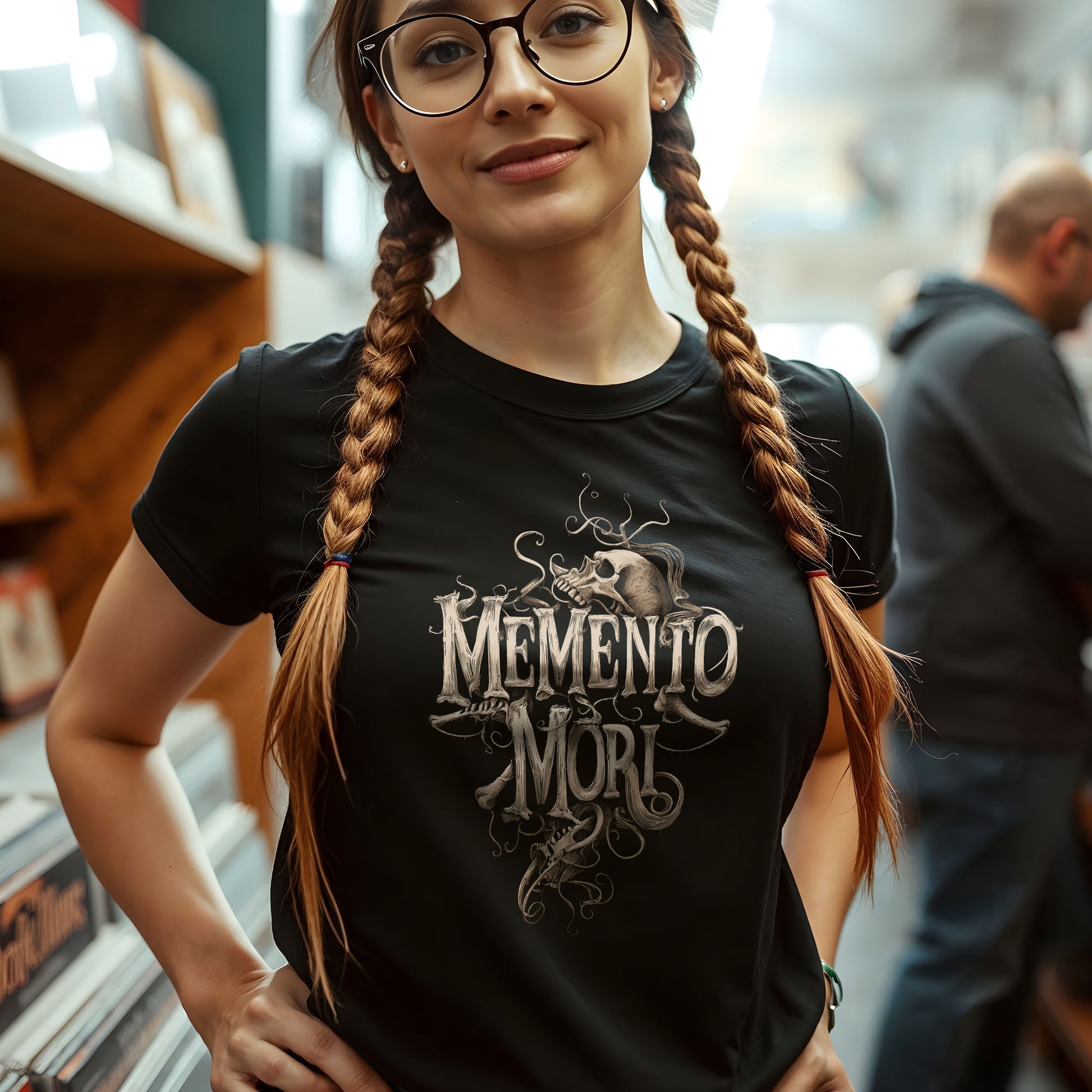 Memento mori skull t-shirt with ornate gothic design on black fabric