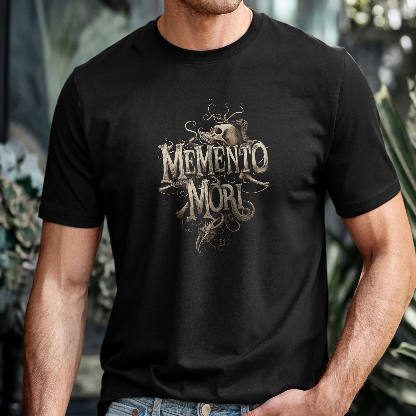 Dark art clothing featuring decorative skull and Latin death reminder phrase