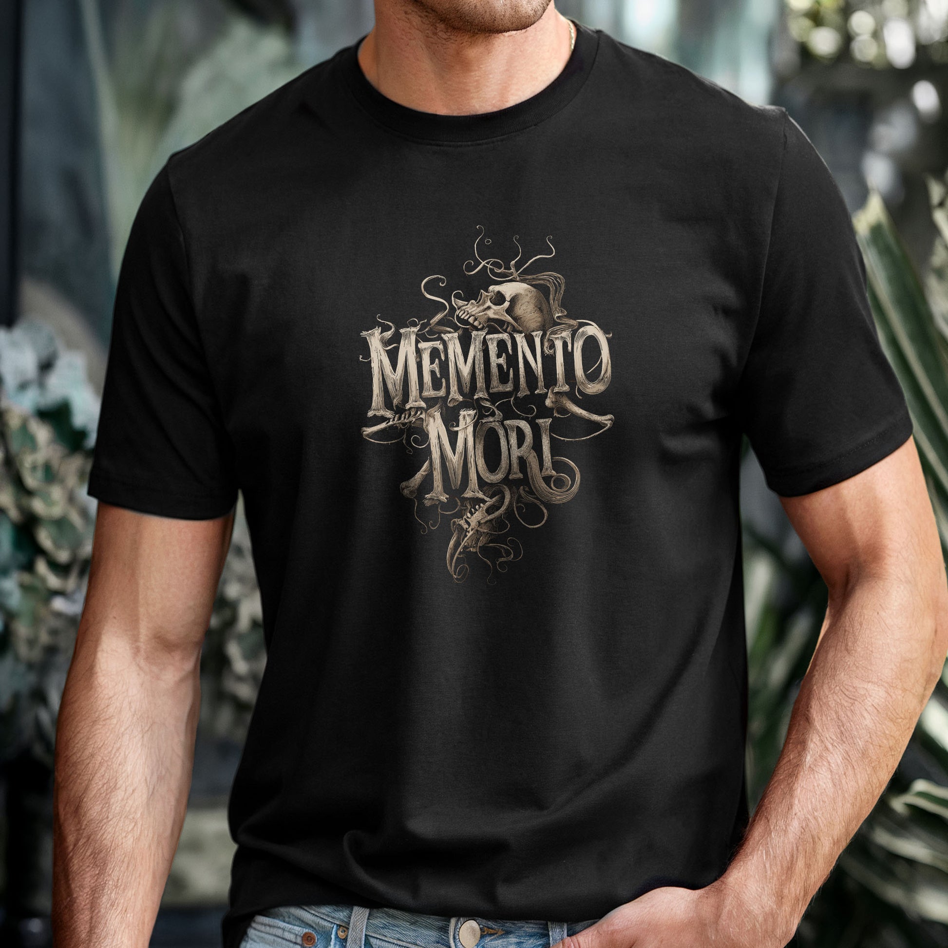 Dark art clothing featuring decorative skull and Latin death reminder phrase