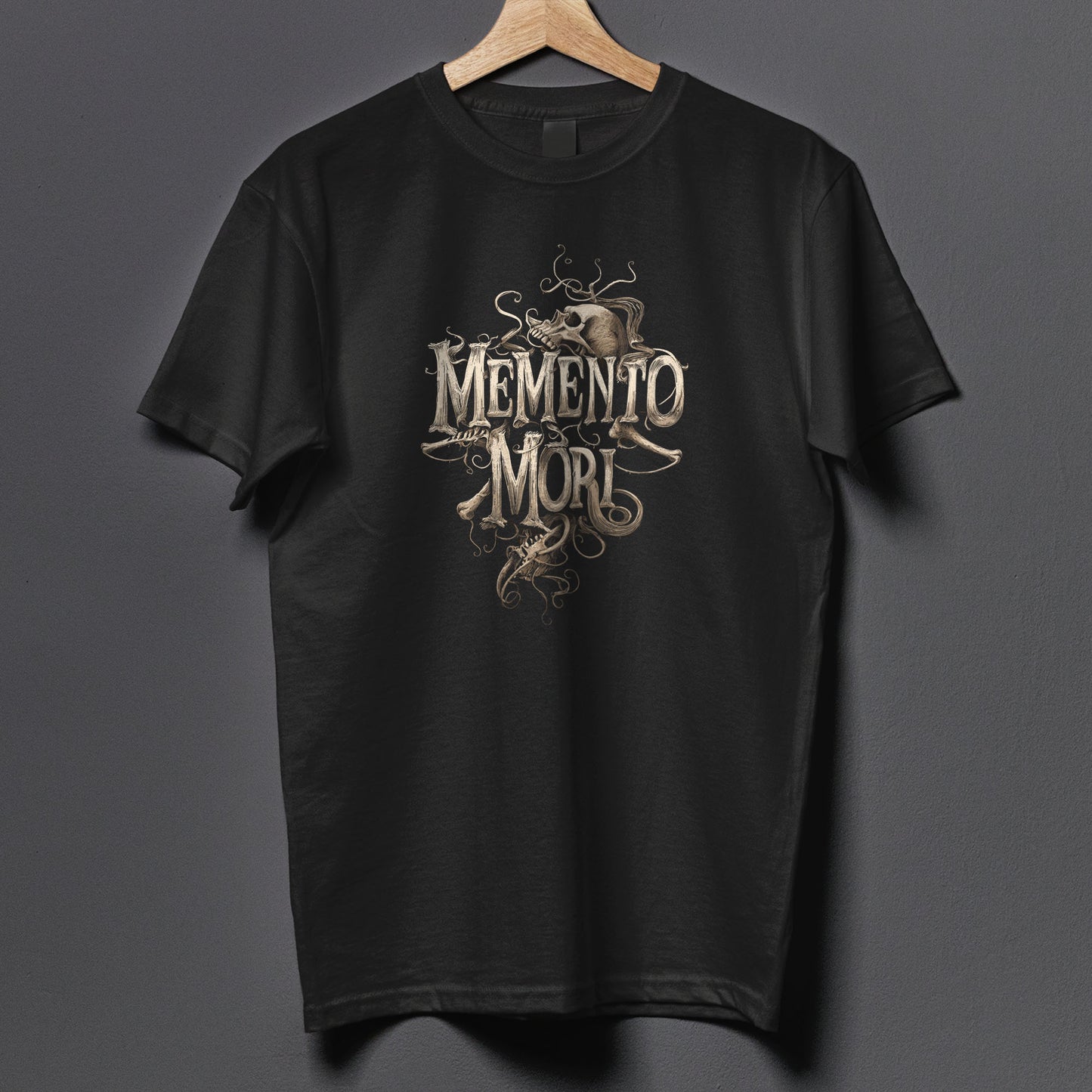 Macabre apparel showing detailed memento mori skull art in vintage style