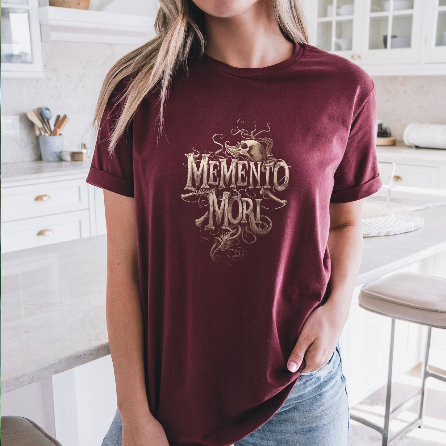 Macabre apparel showing detailed memento mori skull art in vintage style