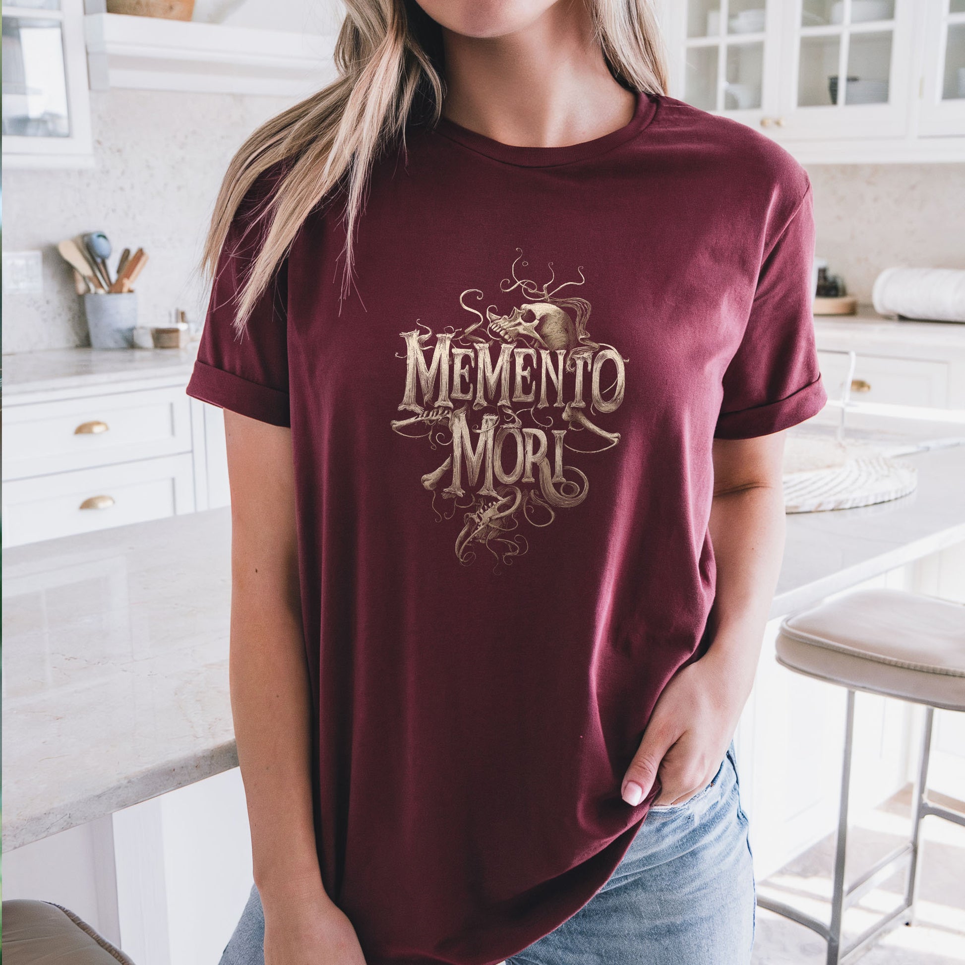 Macabre apparel showing detailed memento mori skull art in vintage style