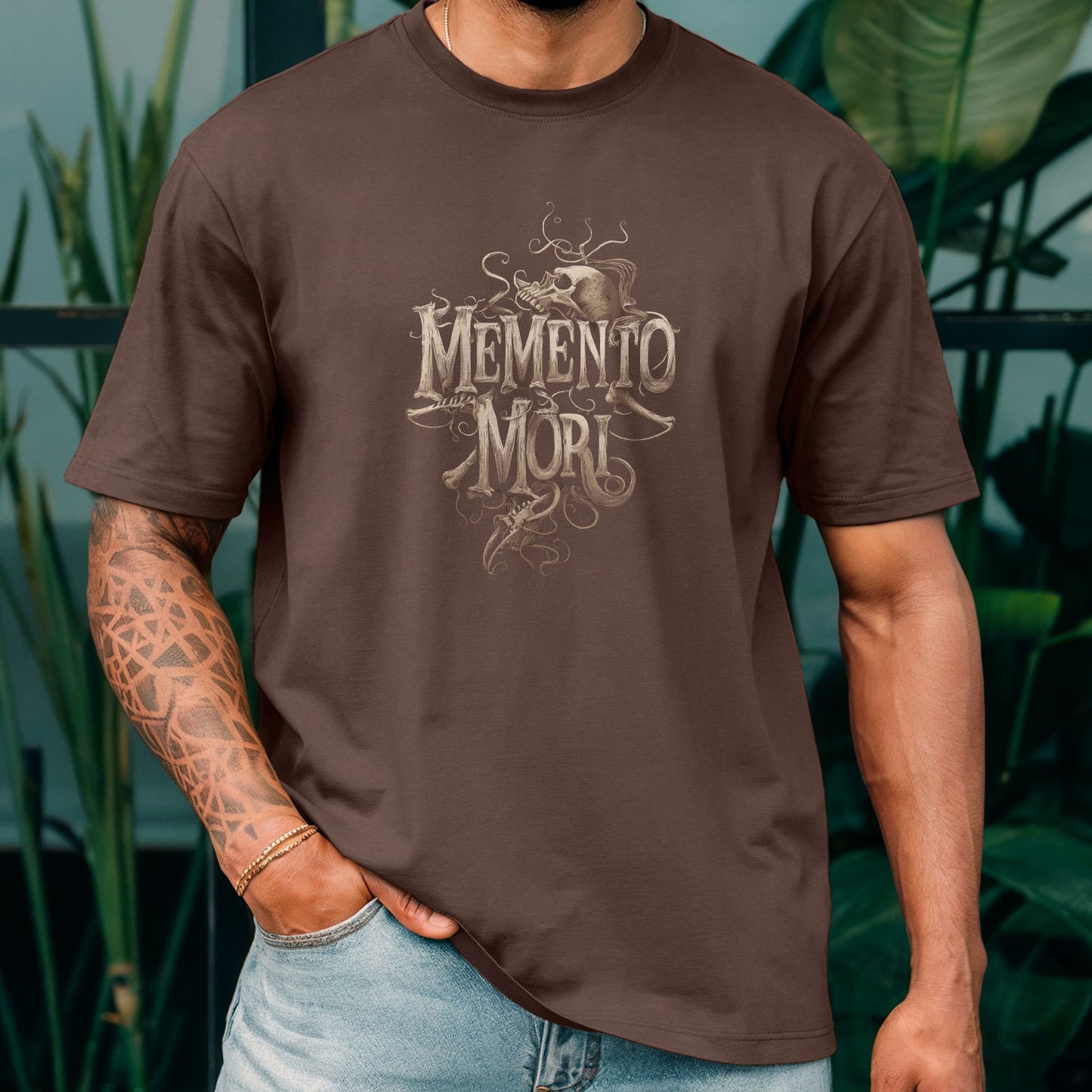 Macabre apparel showing detailed memento mori skull art in vintage style
