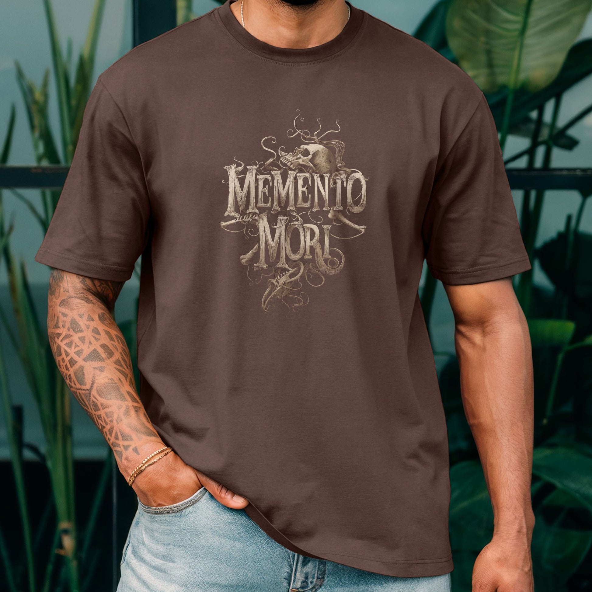 Macabre apparel showing detailed memento mori skull art in vintage style