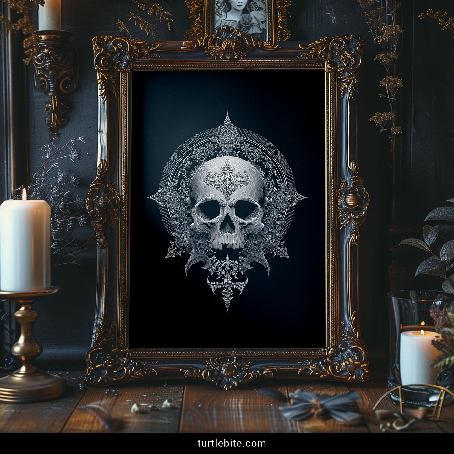 Dark art skull illustration with intricate baroque ornamentation and radiating pointed elements