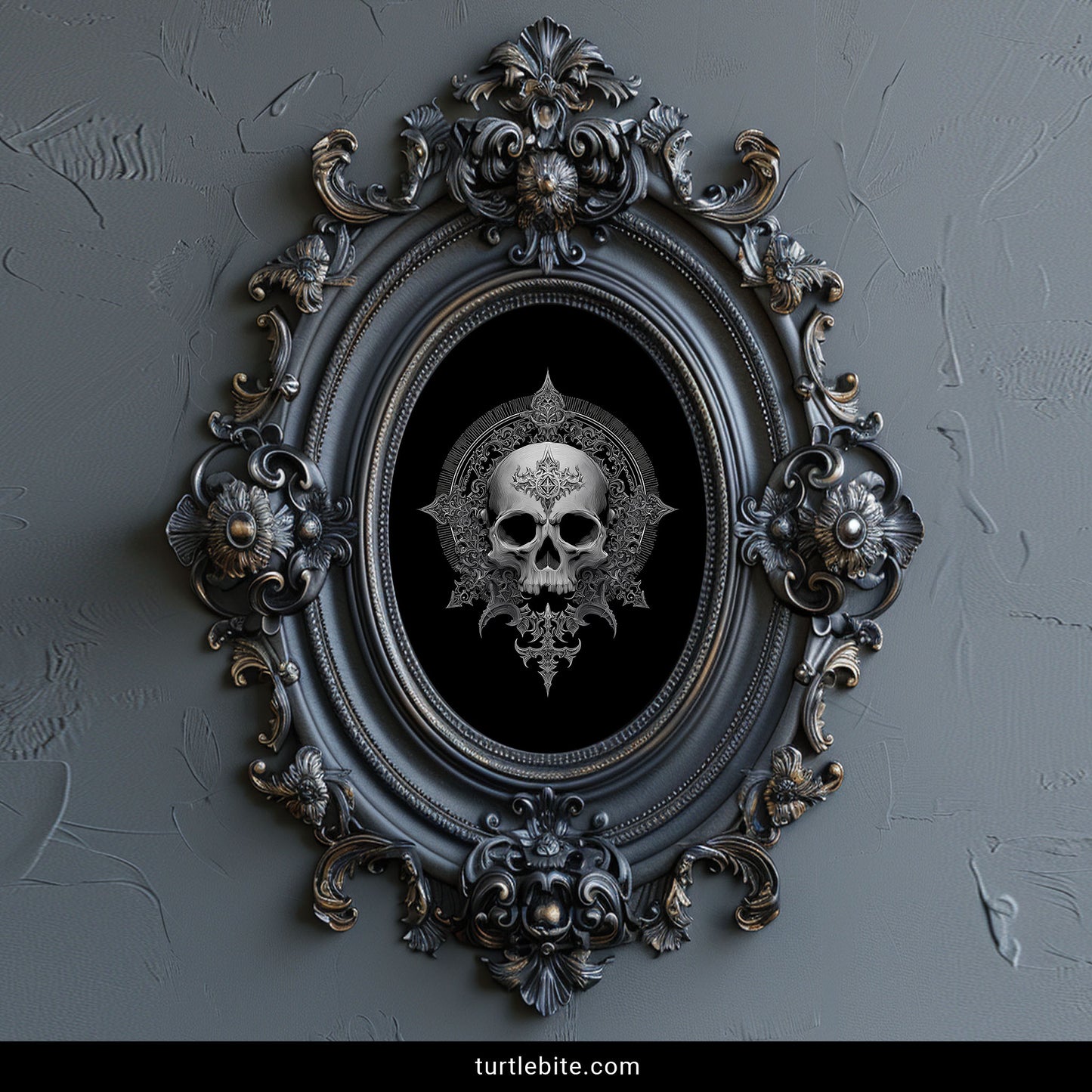 Macabre wall art showing memento mori skull surrounded by flowing gothic decorative patterns