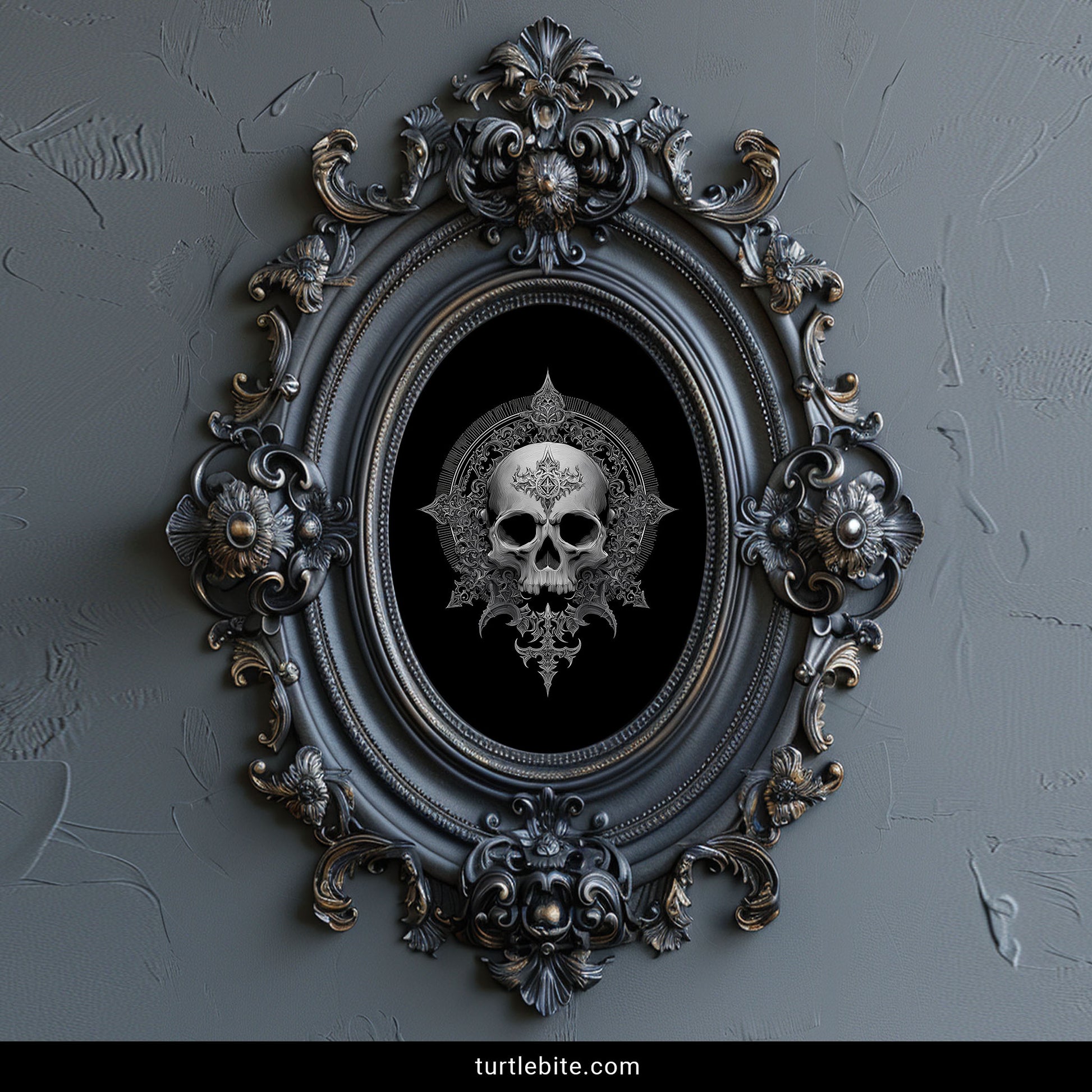 Macabre wall art showing memento mori skull surrounded by flowing gothic decorative patterns