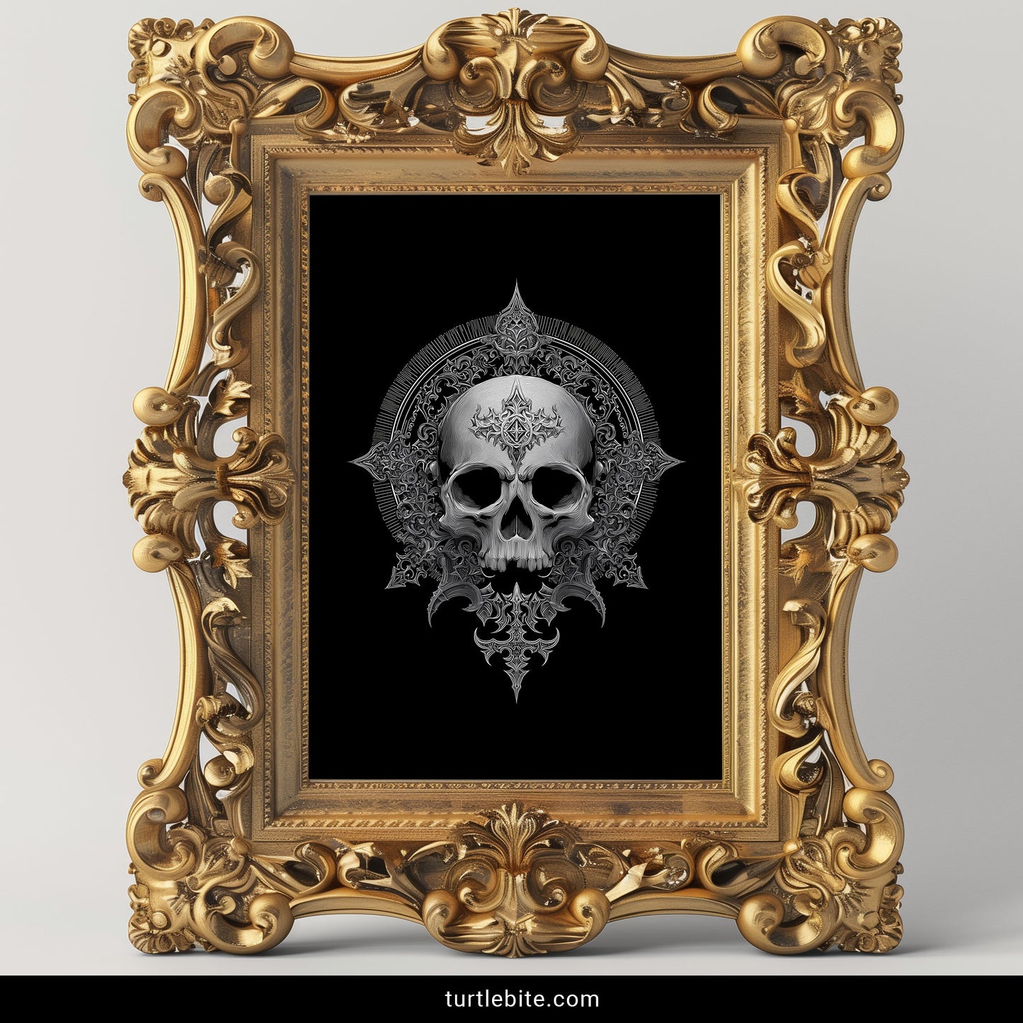Black and white baroque skull print with detailed engraving style and ornamental border