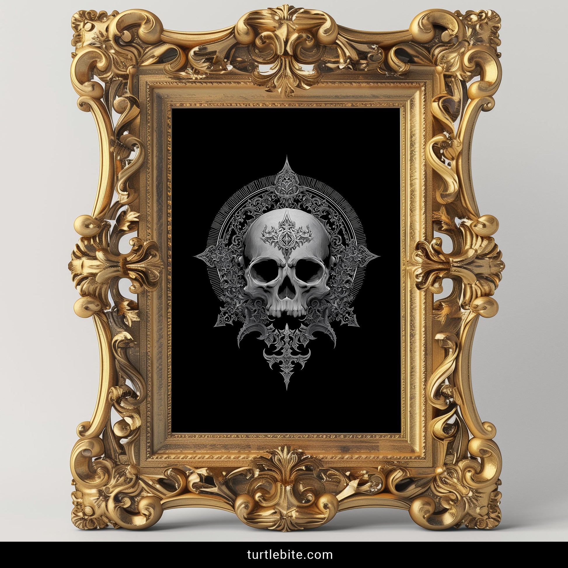 Black and white baroque skull print with detailed engraving style and ornamental border